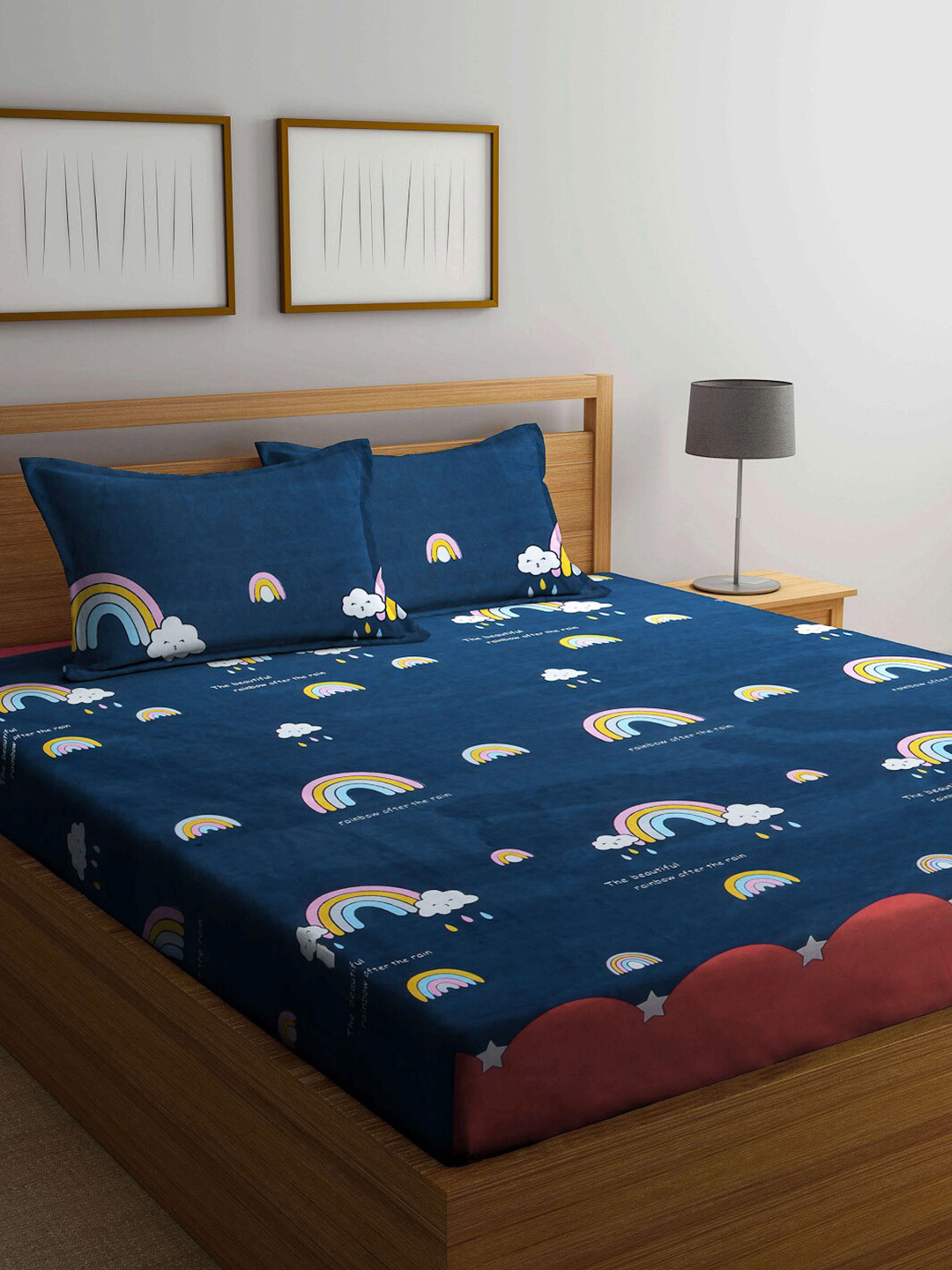FABINALIV Blue Cartoon Print Polycotton 300 TC King Fine Bedsheet with 2 Pillow Covers