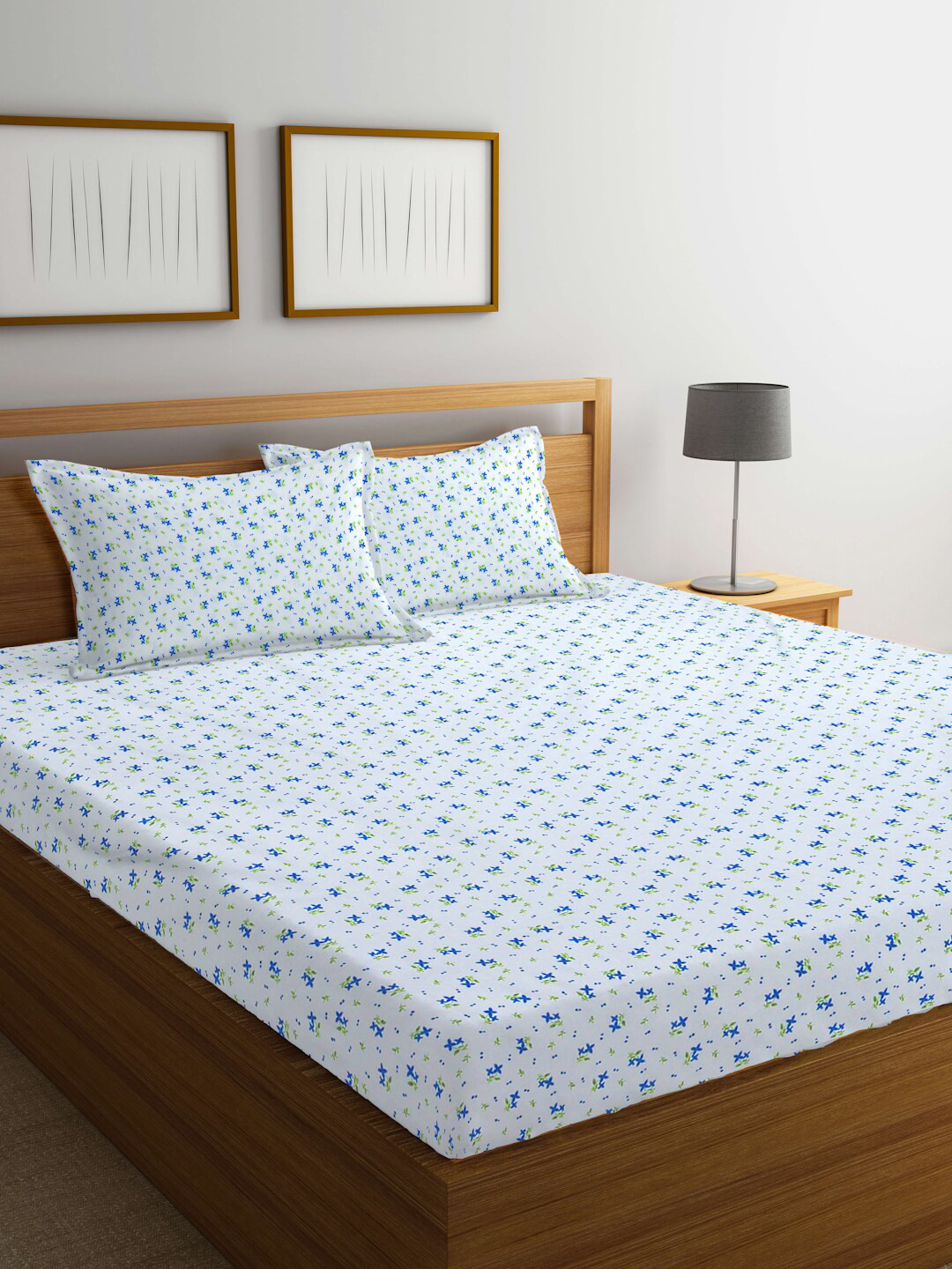 FABINALIV White & Blue Floral Print 300 TC King Size Bedsheet & 2 Pillow Covers