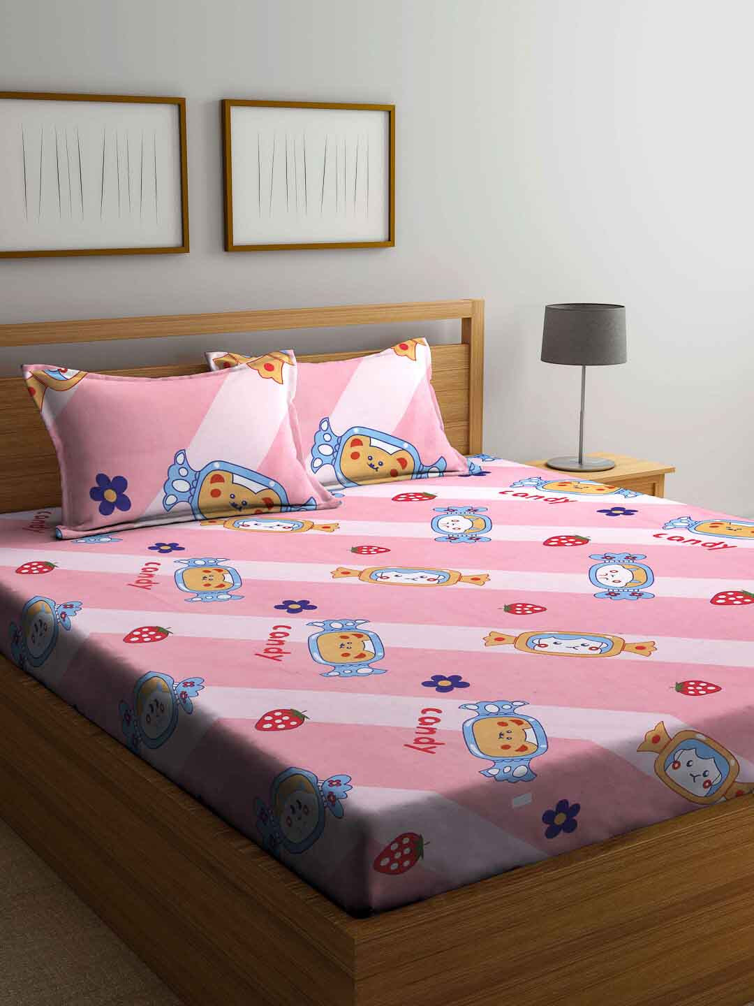 FABINALIV Pink Conversational Polycotton 300 TC King Fine Bedsheet with 2 Pillow Covers-98 x 89 inches