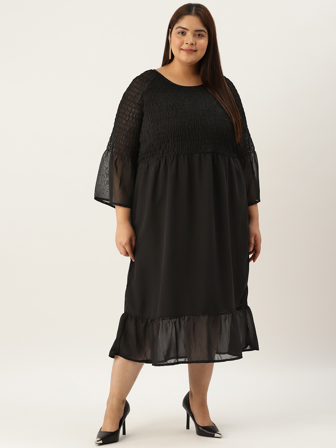 theRebelinme Plus Size Bell Sleeve A-Line Midi Dress