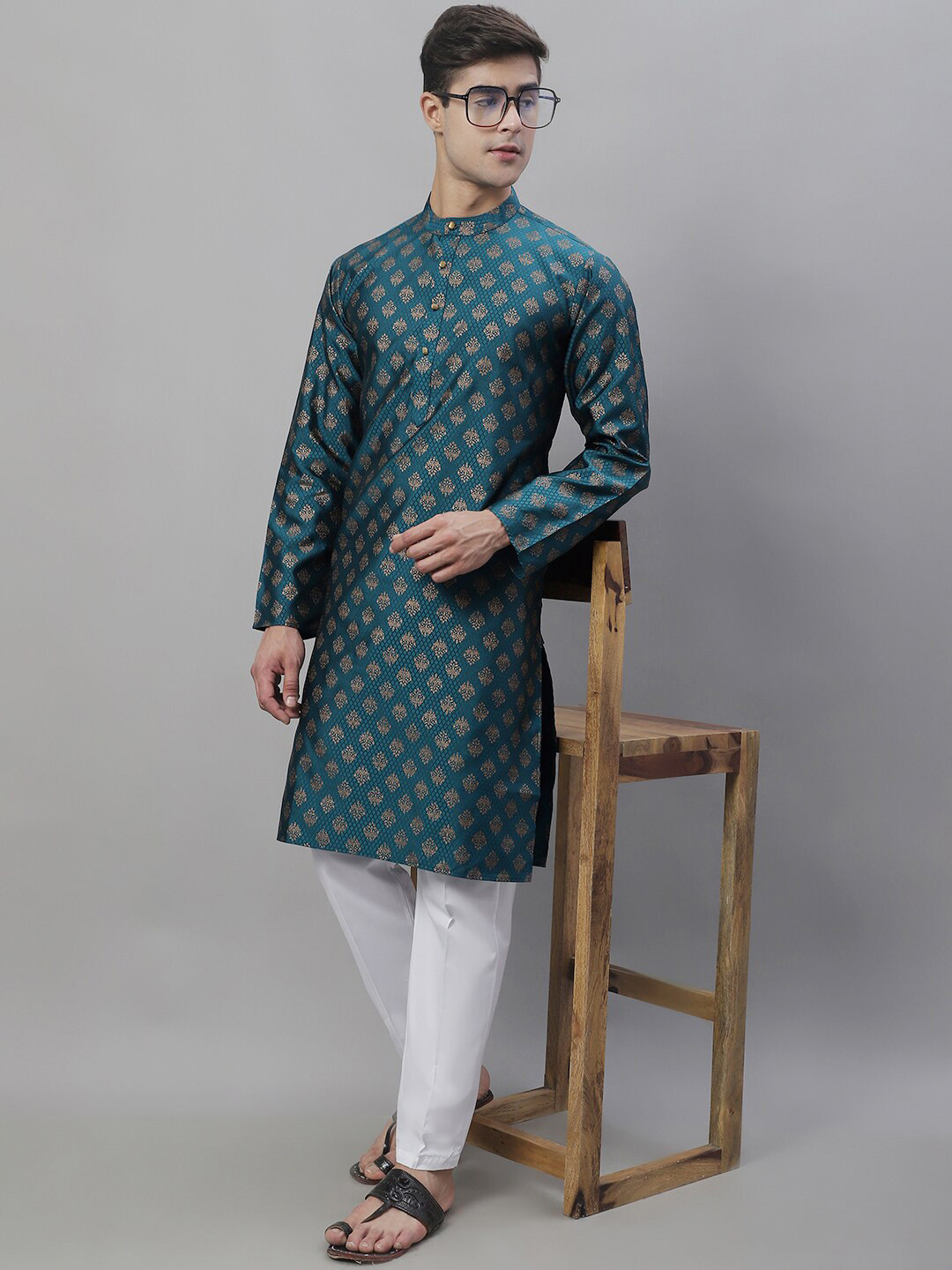 Anouk Teal Blue & White Ethnic Motifs Woven Design Kurta with Pyjamas