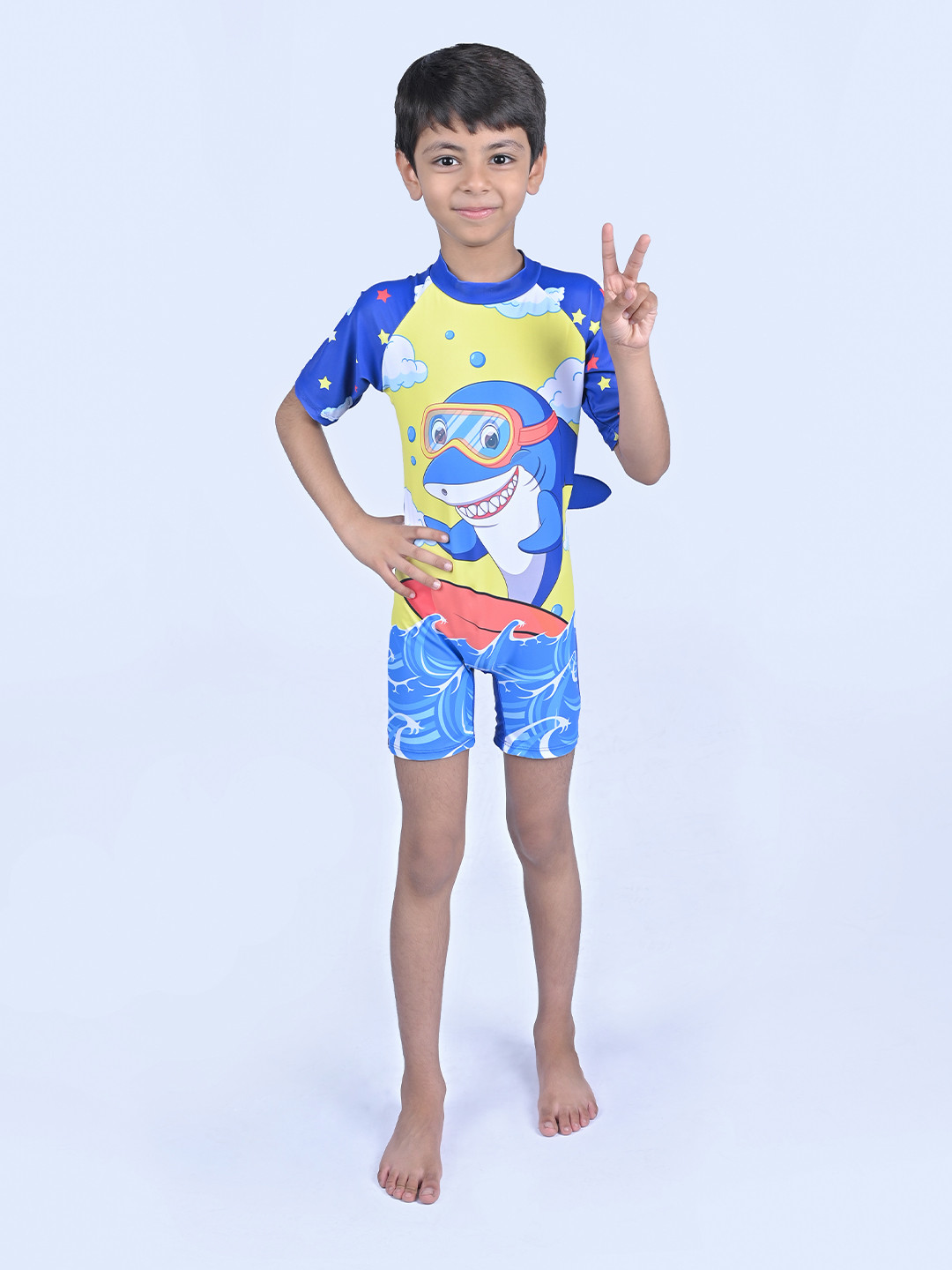 Yellow Bee Boys Shark Printed Full Coverage Swimwear Legsuit
