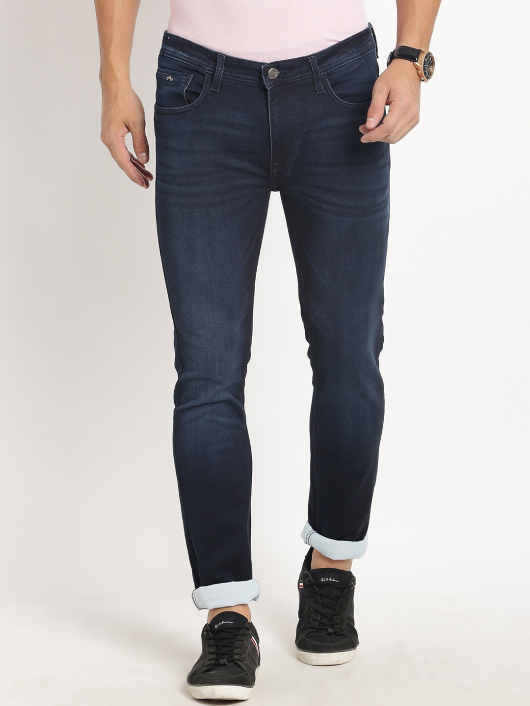 Turtle Men Mid-Rise Narrow Tapered Fit Clean Look Light Fade Stretchable Jeans