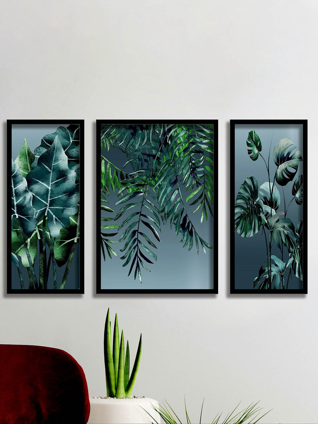 SAF 3 Piece Green Tropical Leaves Printed Rectangle Paintings Wall Art- 22.5x13.5In