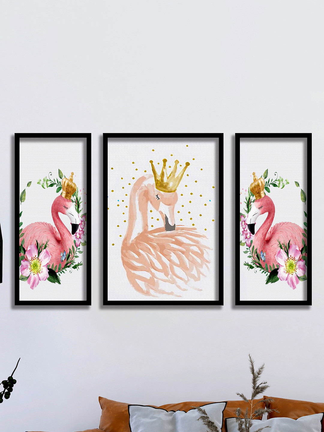 SAF Flamingo Wood 3 Piece Wall Rectangle Paintings Wall Art