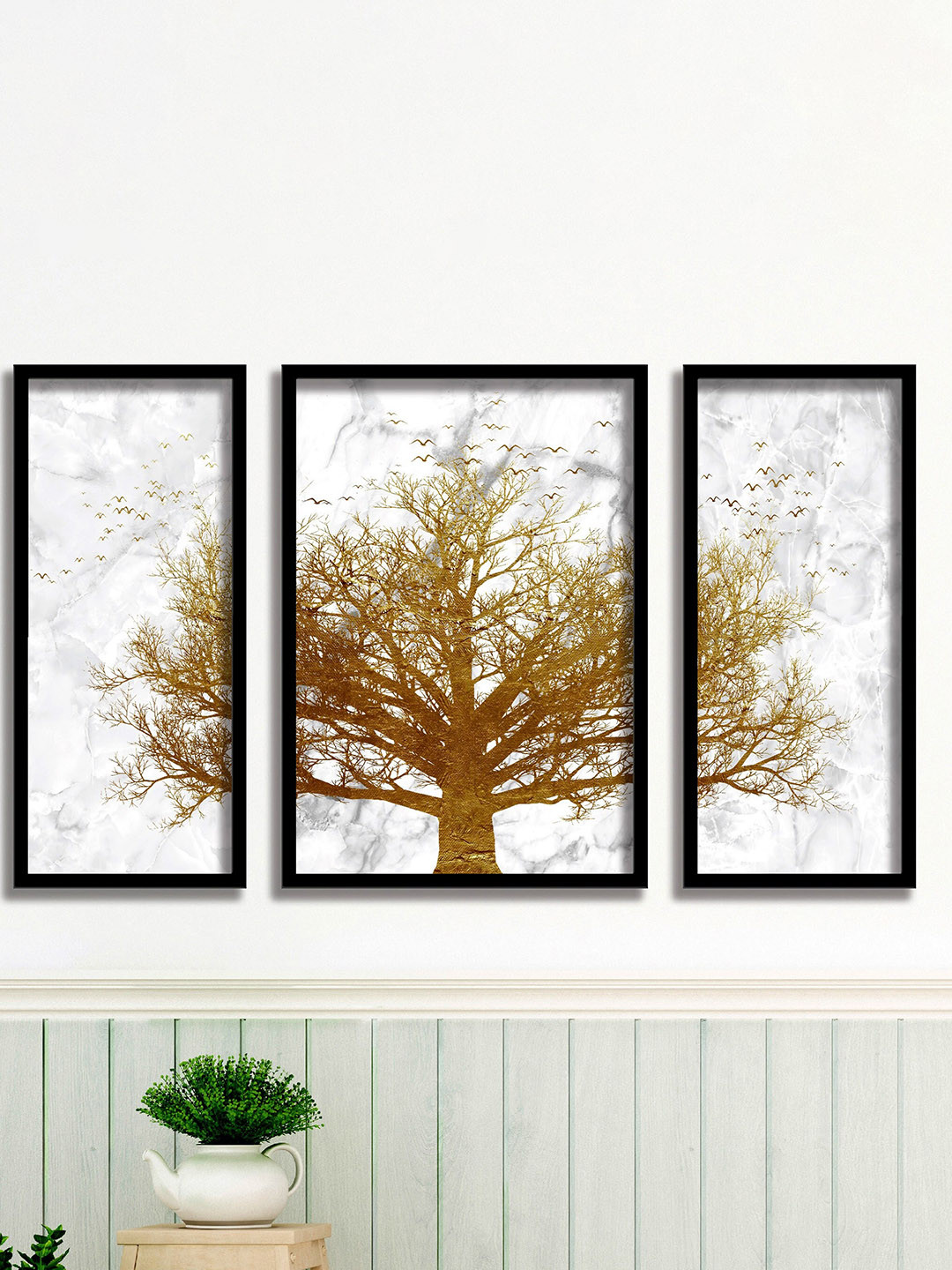 SAF Gold & White 3 Pieces Tree Painted Framed Wall Art