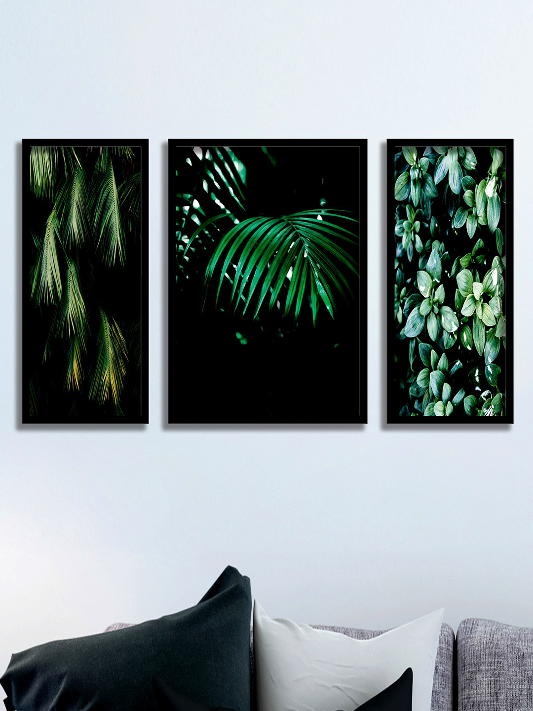 SAF Green & Black 3-Pieces Tropical Leaves Printed Framed UV Coating Wall Art