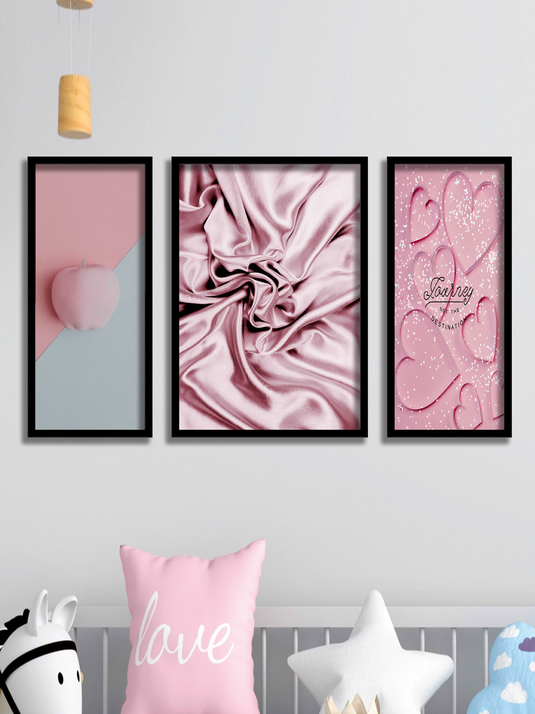 SAF Pink & Sea Green 3-Pieces Love Theme Printed Framed UV Coating Wall Art
