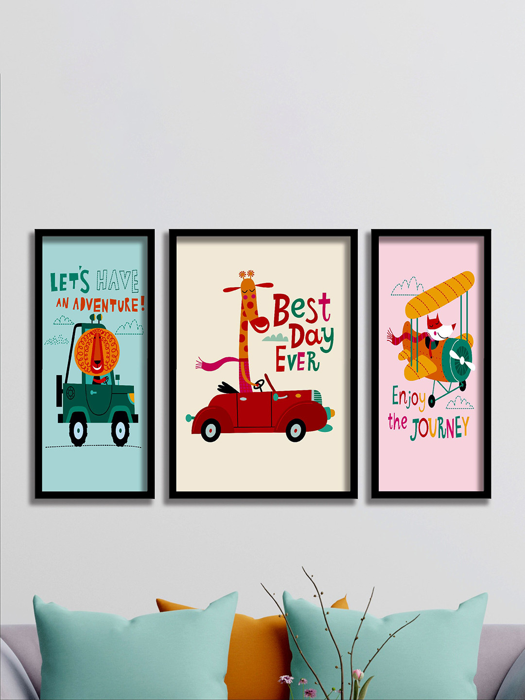 SAF Red & Orange 3-Pieces Printed Framed UV Coating Wall Art