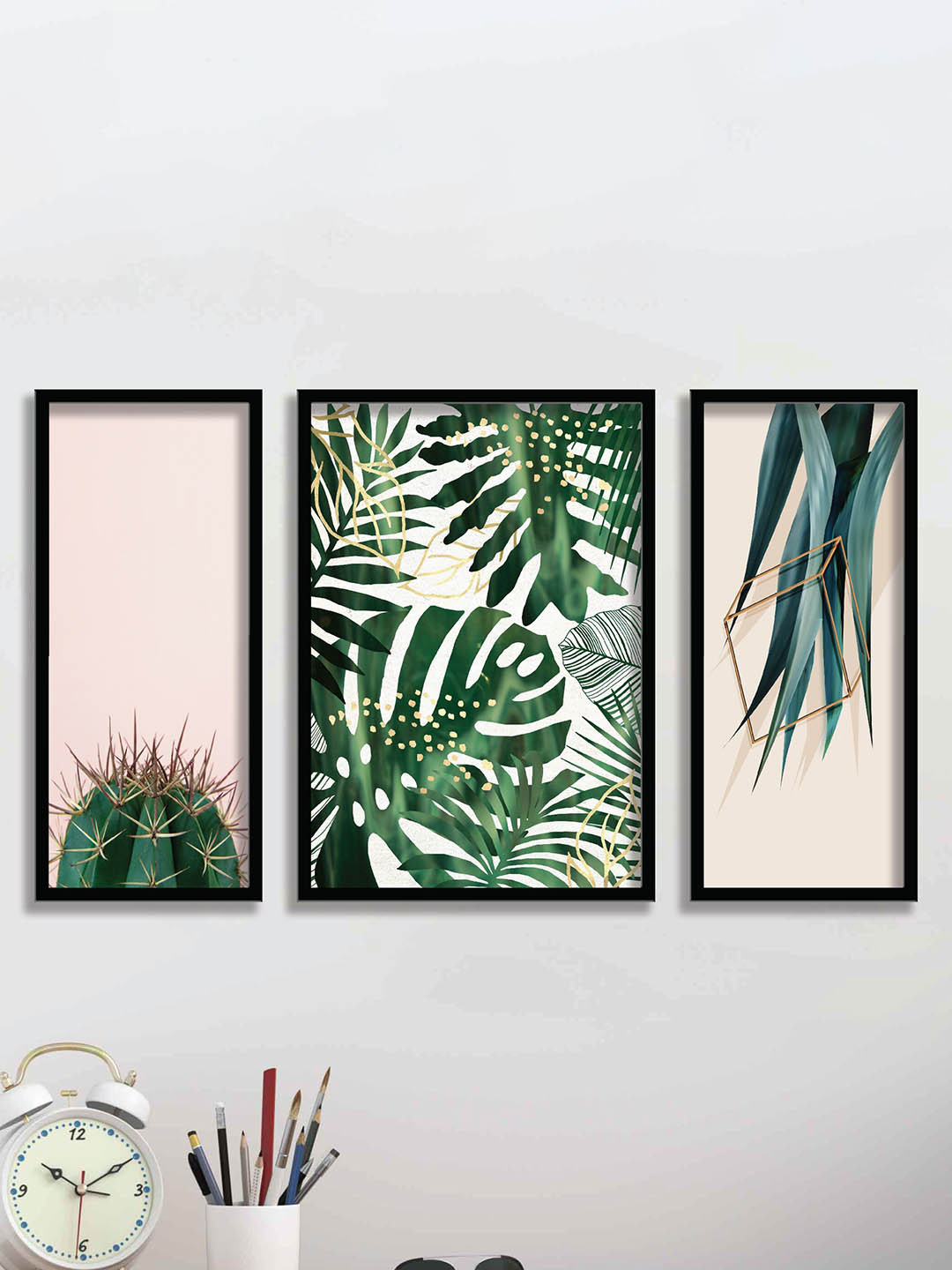 SAF Tropical Leaves Wood 3 Piece Wall Rectangle Paintings Wall Art