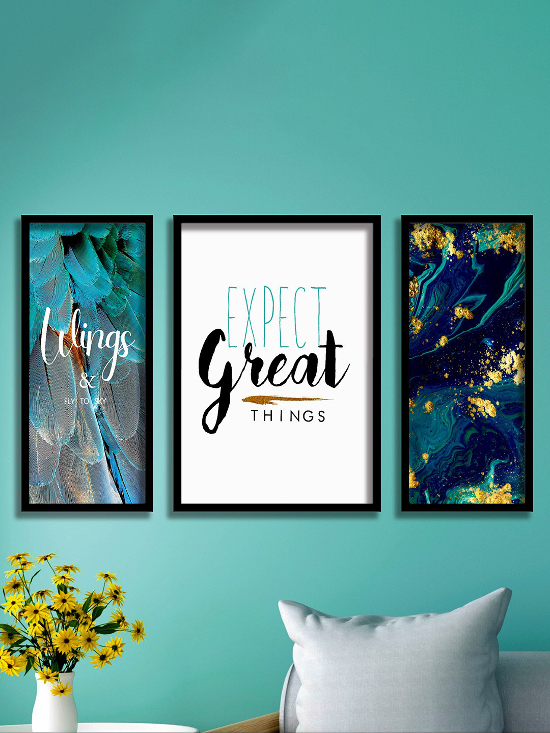 SAF 3 Pieces Teal Blue & White Motivational Quotes Painting Framed Wall Art