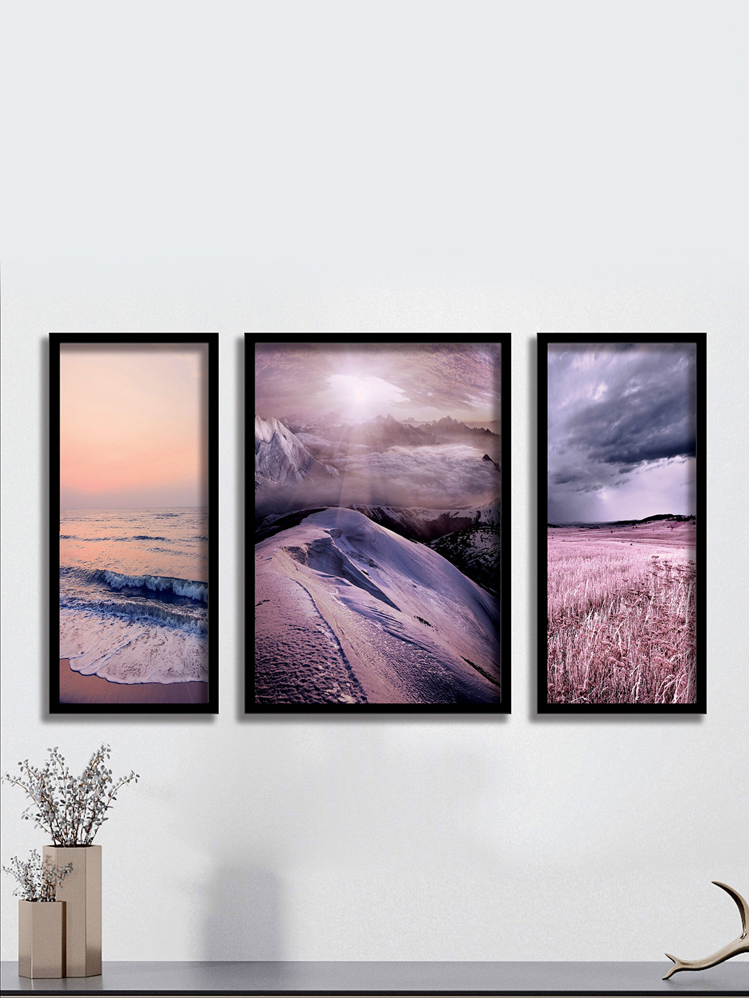SAF Purple & Grey 3 Pieces Sea Waves & Mountain Painted Framed Wall Art