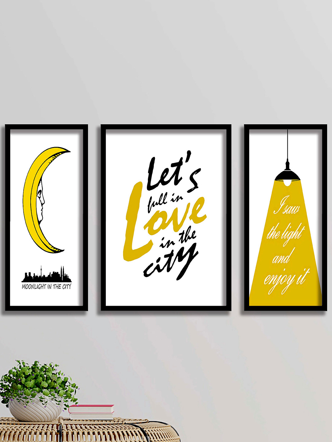 SAF Yellow & Black 3 Pieces Fall In Live Painted Framed Wall Art