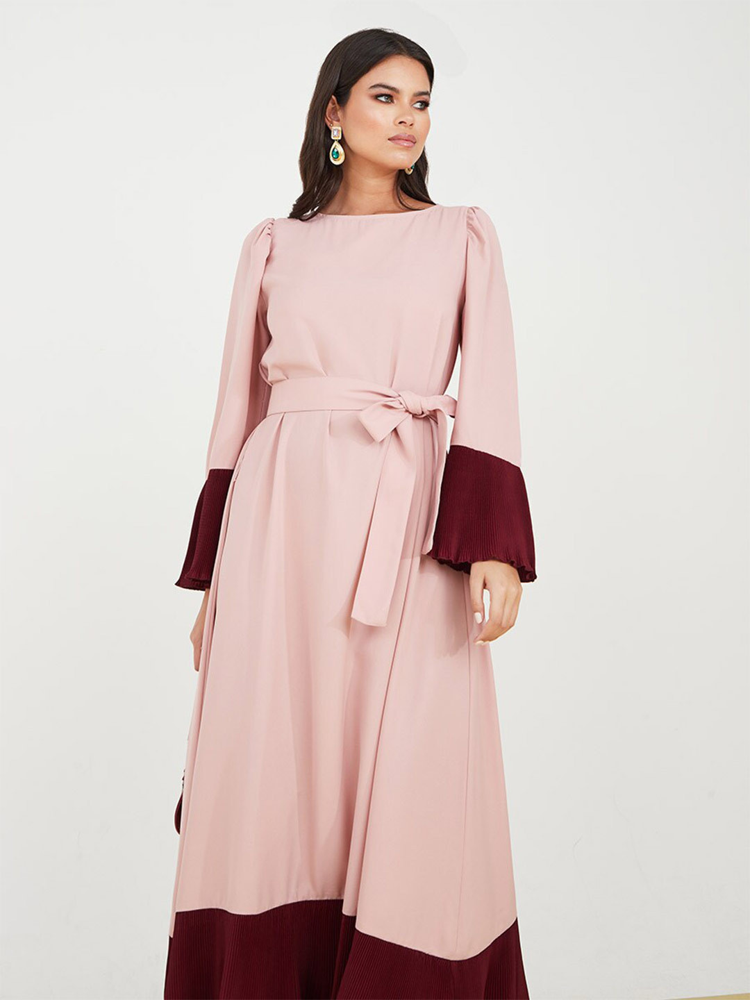 Styli Colorblocked A-Line Maxi Dress with Waist Tie Up