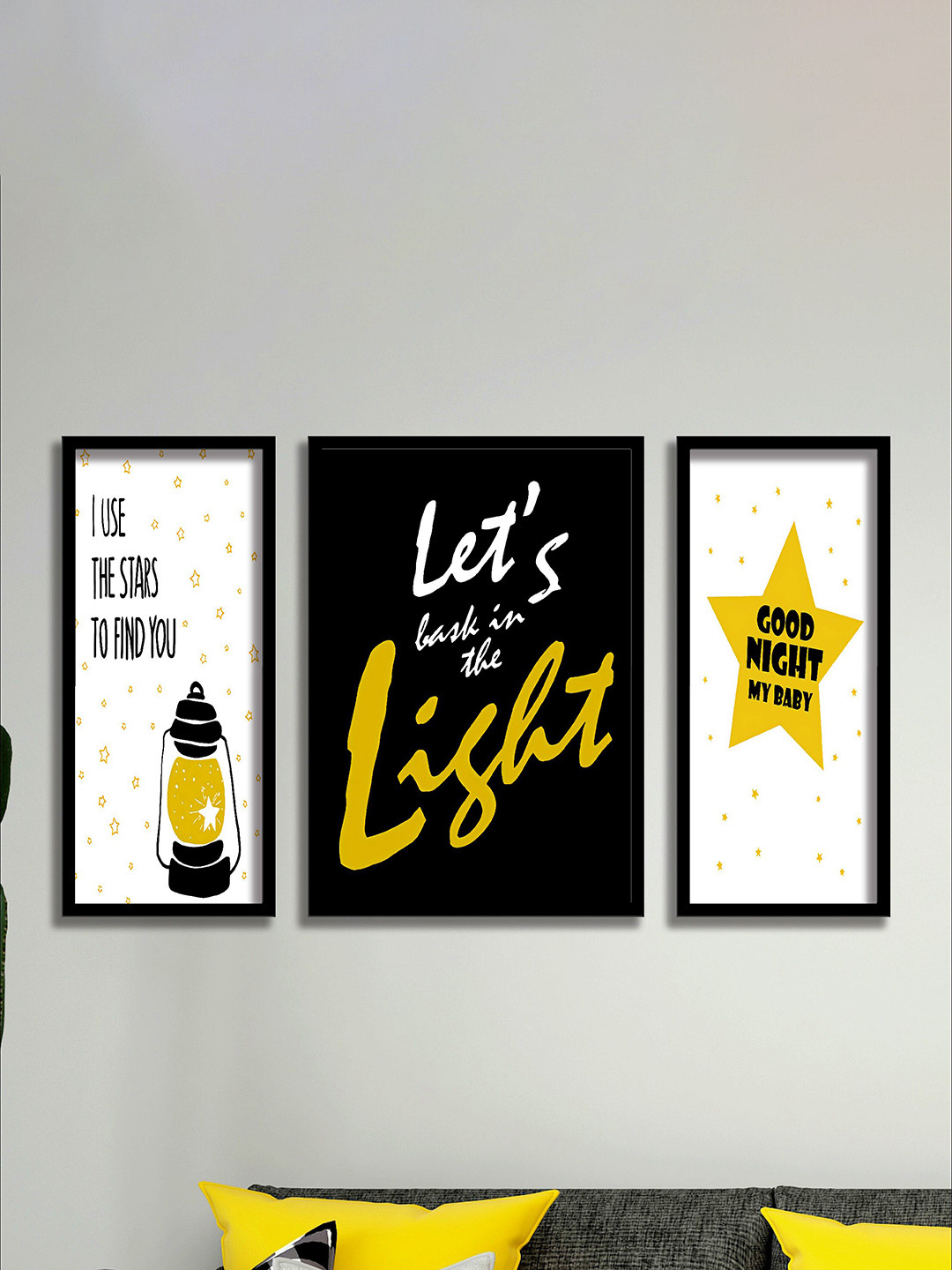 SAF Black & Yellow 3 Pieces Good Night Painted Wall Art