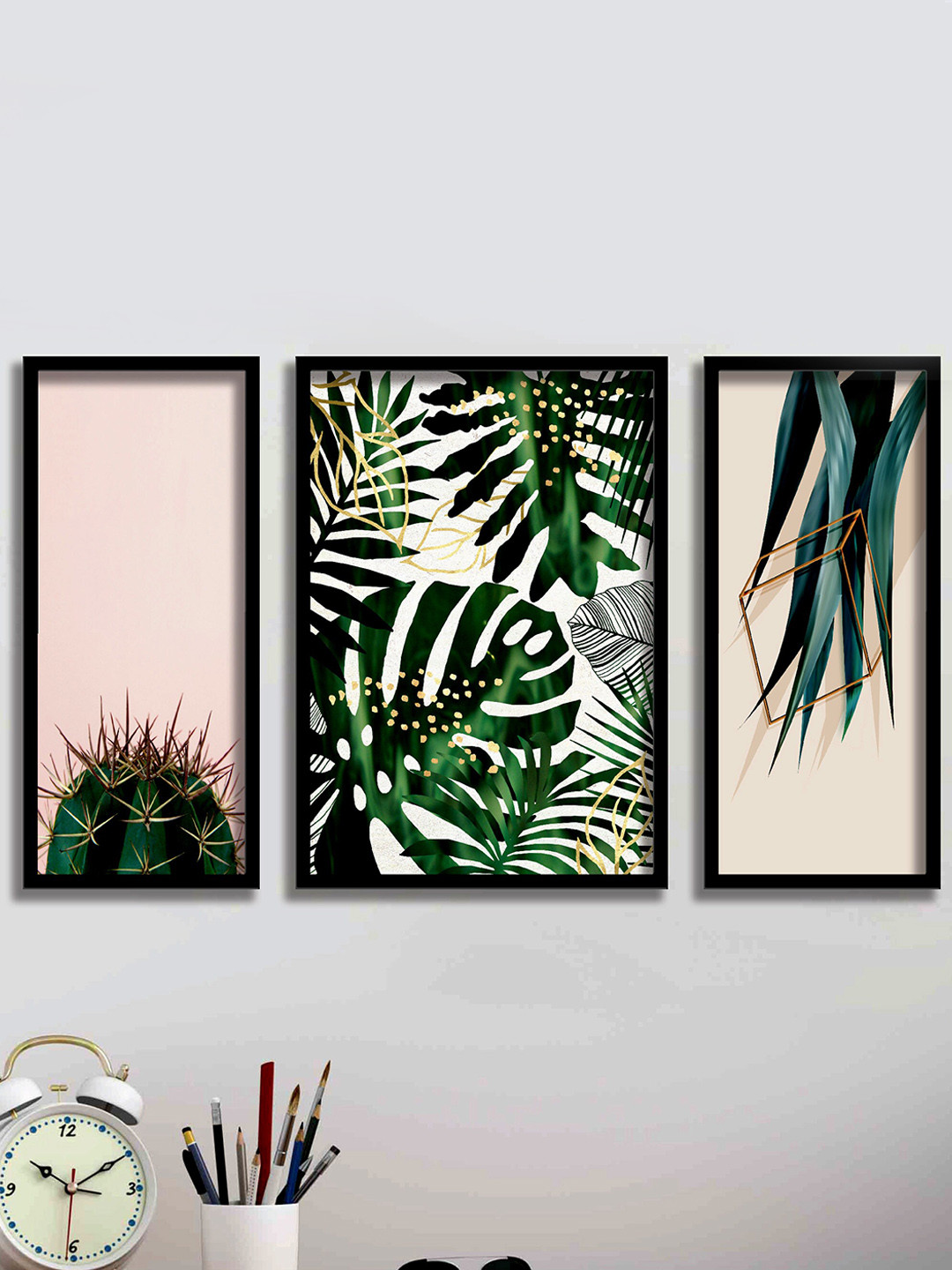 SAF Tropical Leaves Wood 3 Piece Wall Rectangle Paintings Wall Art