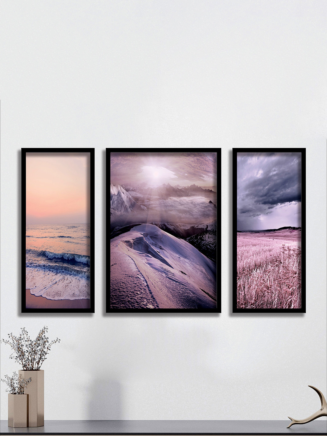 SAF Purple & Peach 3 Pieces Sea Waves & Mountain Painted Wall Art