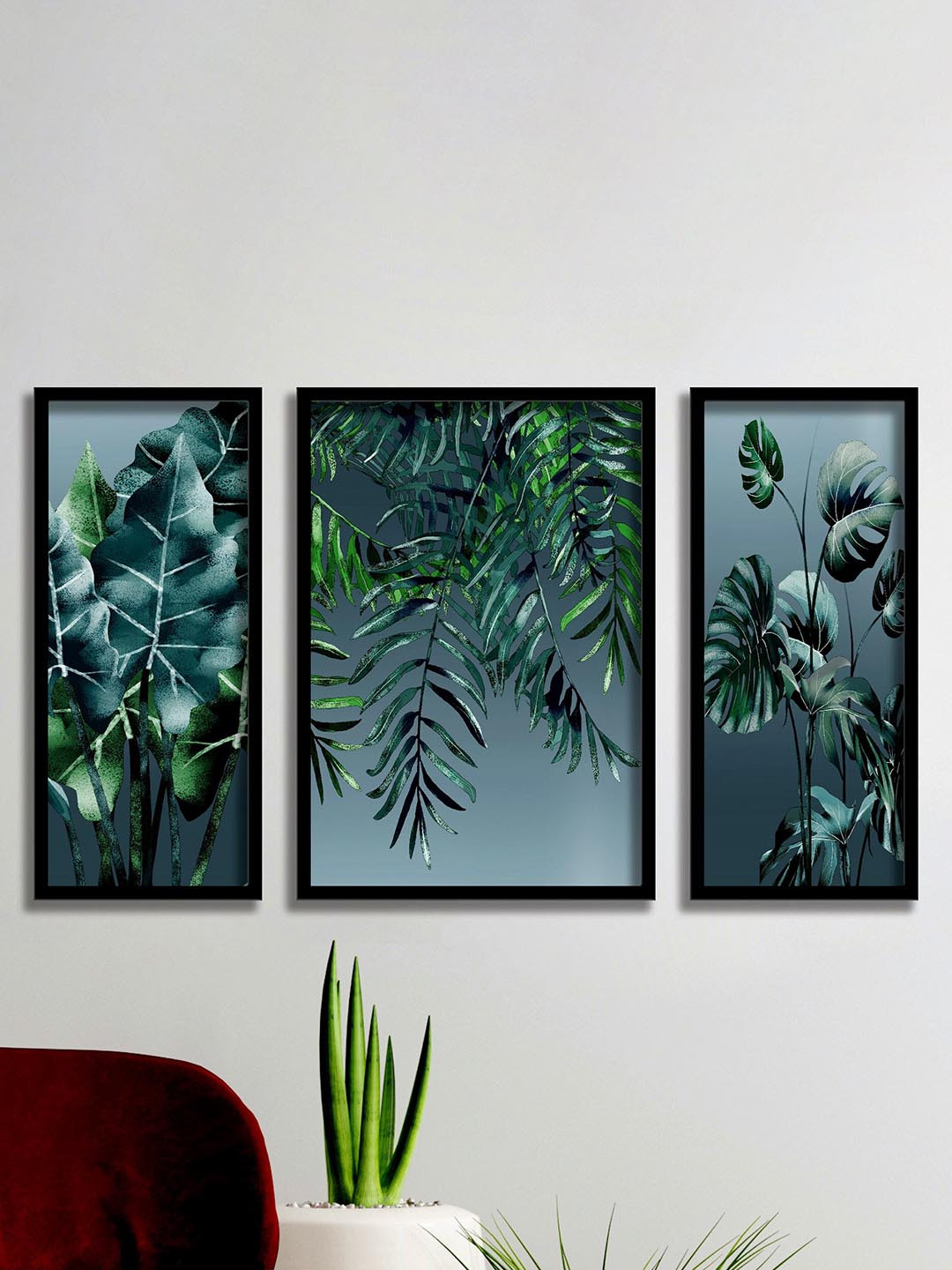 SAF Green & Grey 3 Pieces Tropical Leaves Painted Wall Art