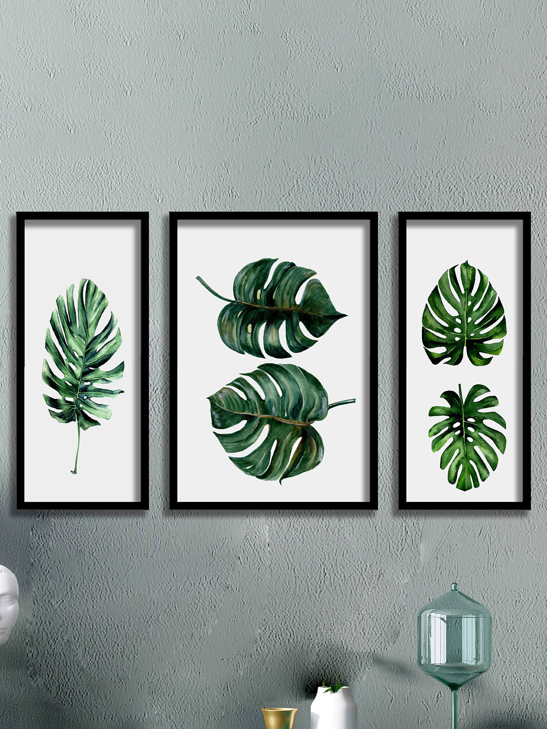 SAF Green Paper 3 Pcs Wall Living Room Rectangle Paintings Wall Art -28.46 x 19.49In