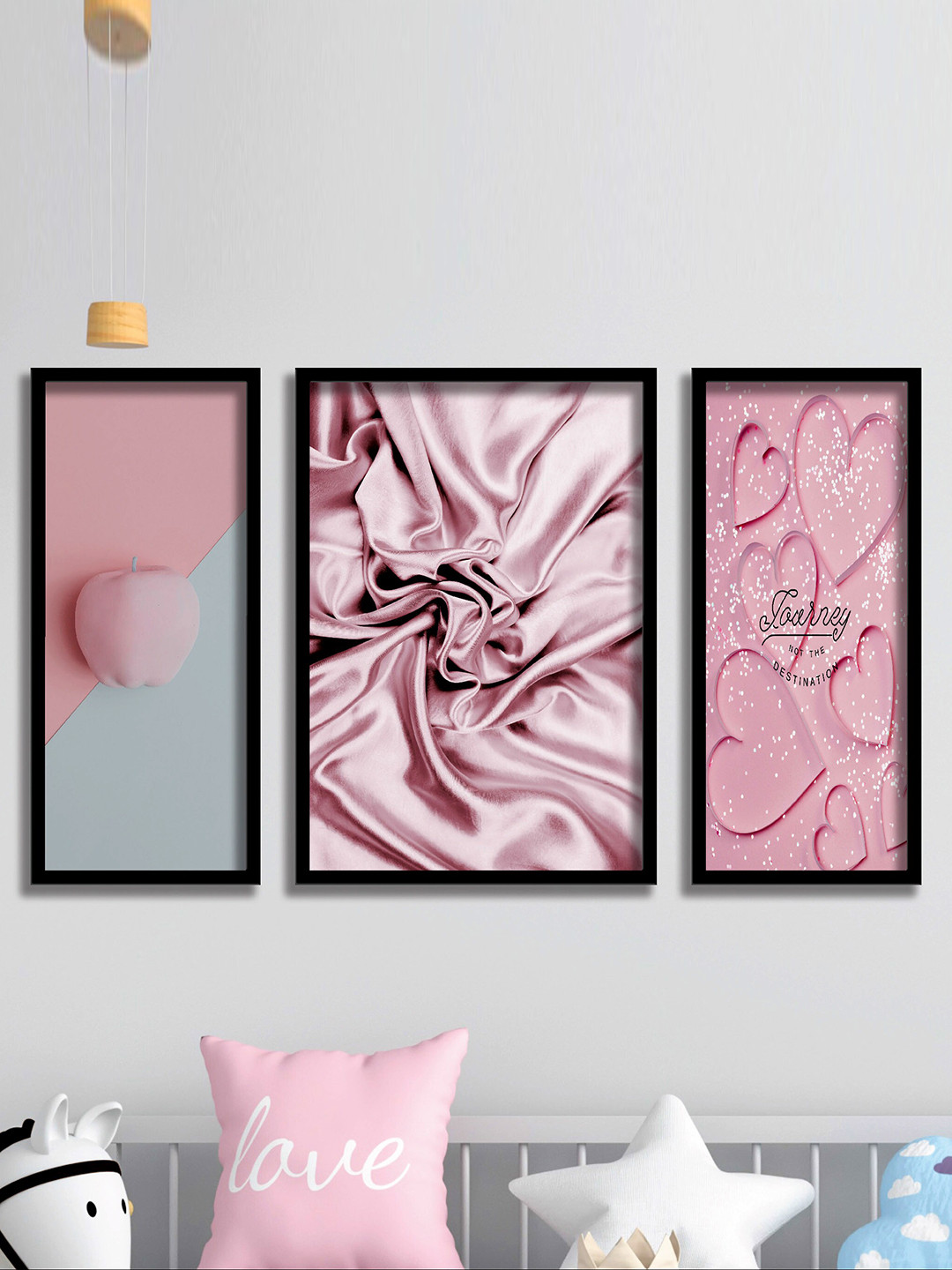 SAF 3 Pieces Pink & Grey Love Theme Wall Painting