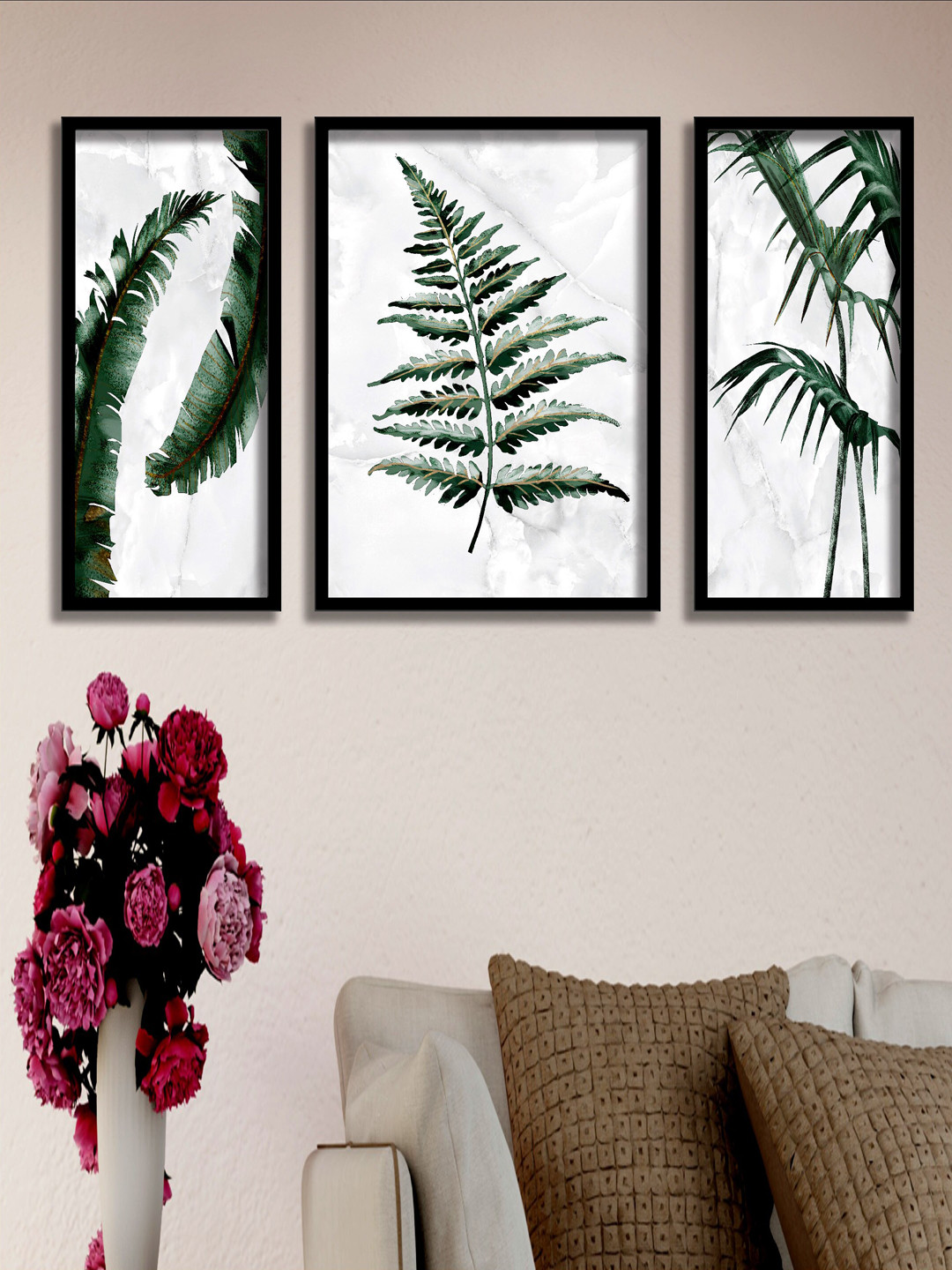 SAF Tropical Leaves Wood 3 Piece Wall Rectangle Paintings Wall Art