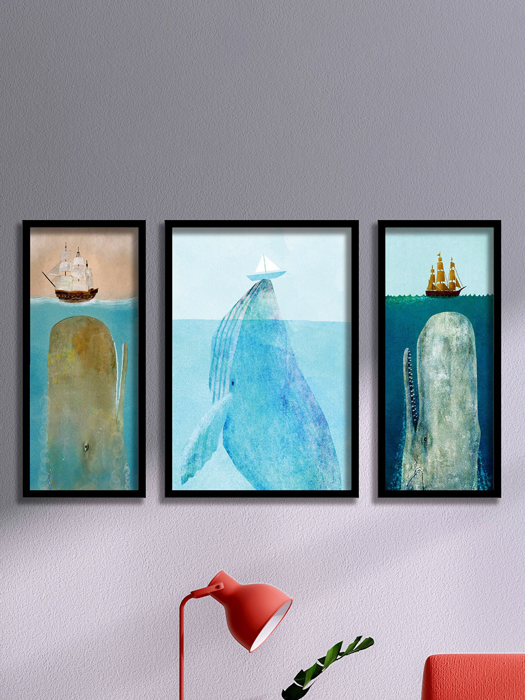 SAF Blue & White 3 Pieces Boat & Whale Painting Framed Waterproof Wall Arts