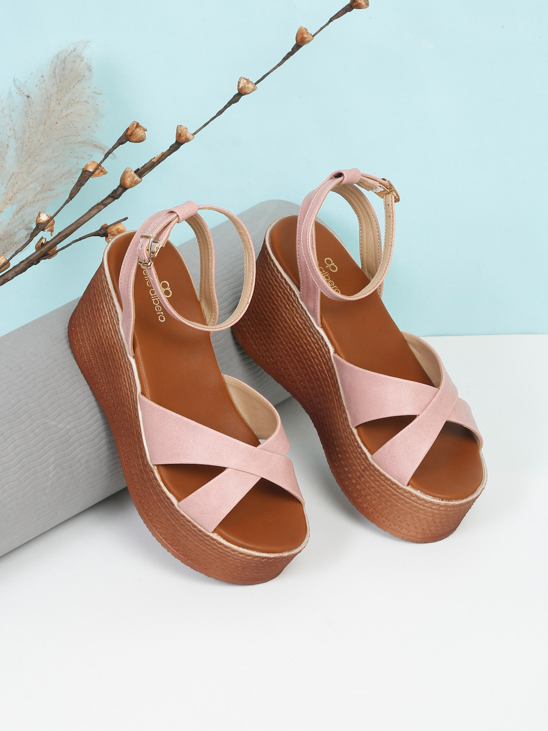 pelle albero Cross Strap Open Toe Wedges With Ankle Loop