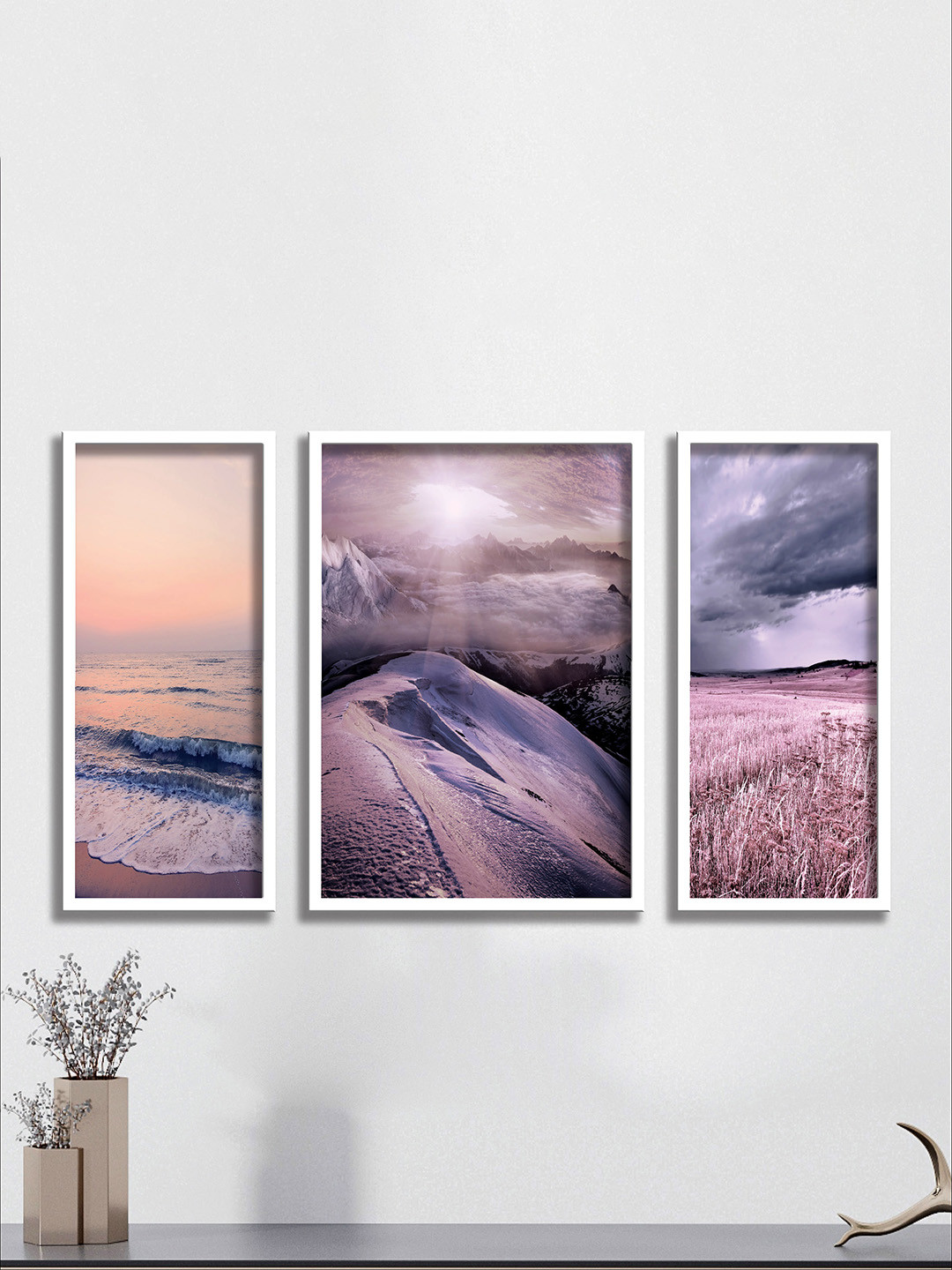 SAF Purple & White 3 Pieces Sea Waves & Mountain Painting Framed Wall Art