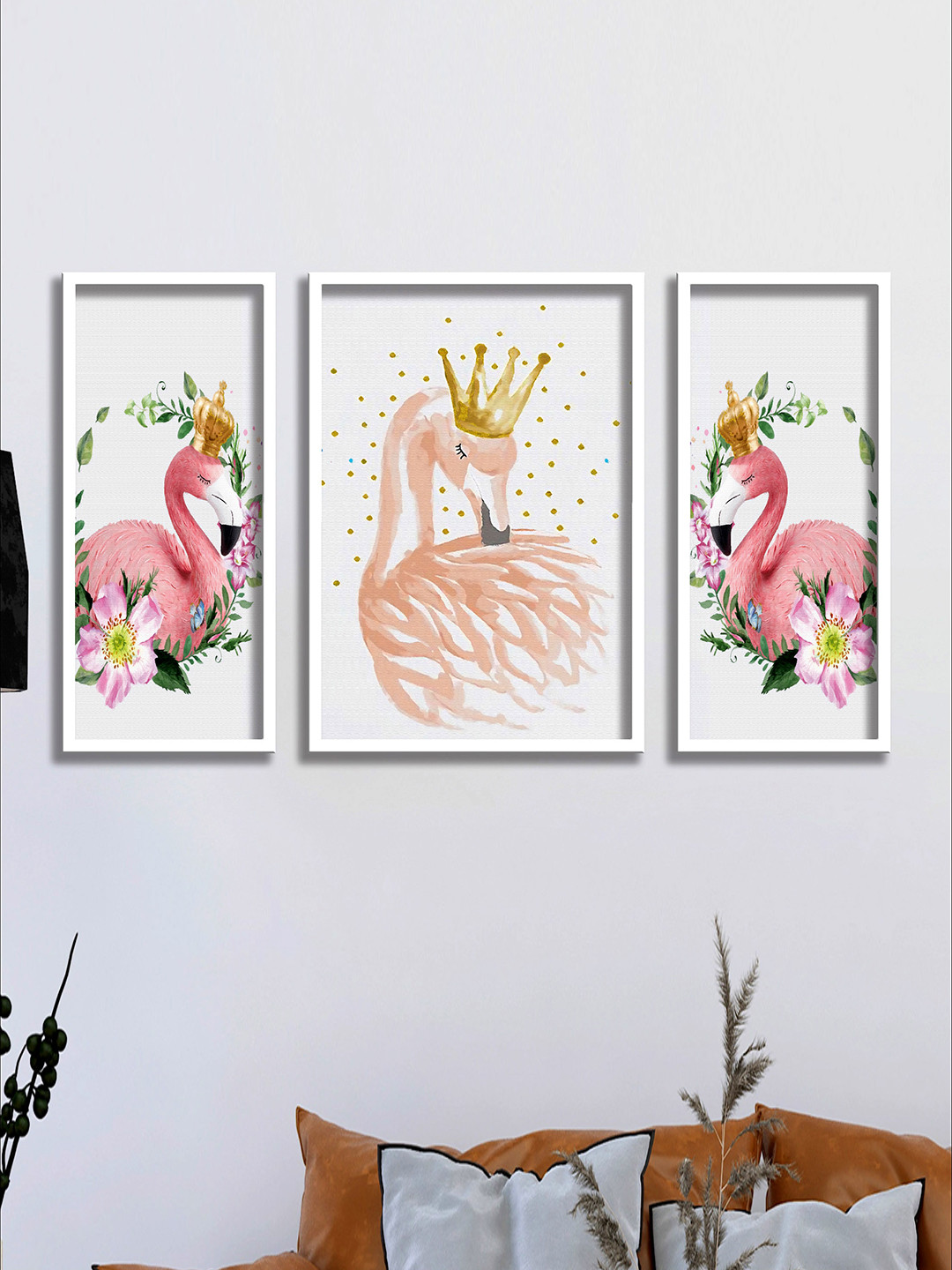 SAF White & Pink 3 Pieces Flamingo Theme Painted Wall Art