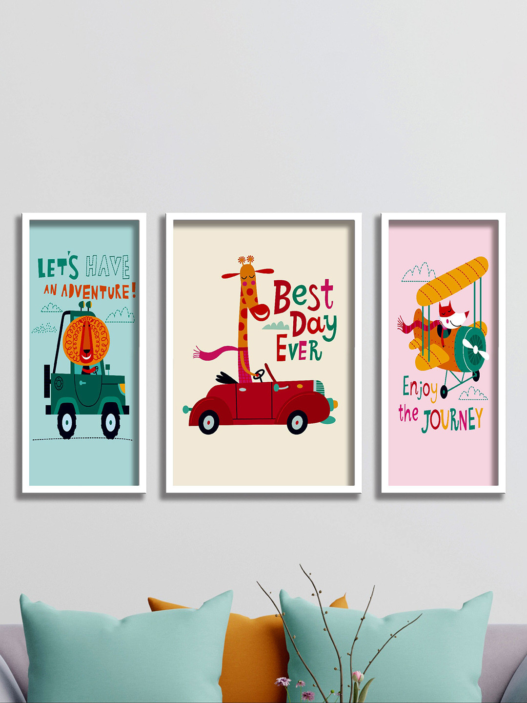 SAF Cartoon Wood 3 Piece Wall Rectangle Paintings Wall Art - 7.5 x 19.5In