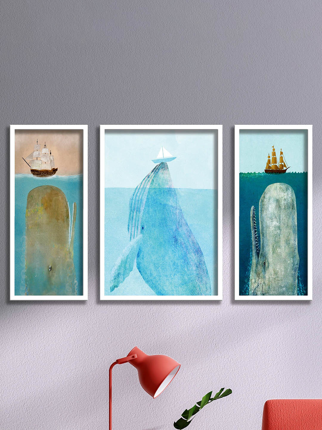 SAF Blue & White 3 Pieces Boat & Whale Framed Painted Wall Art