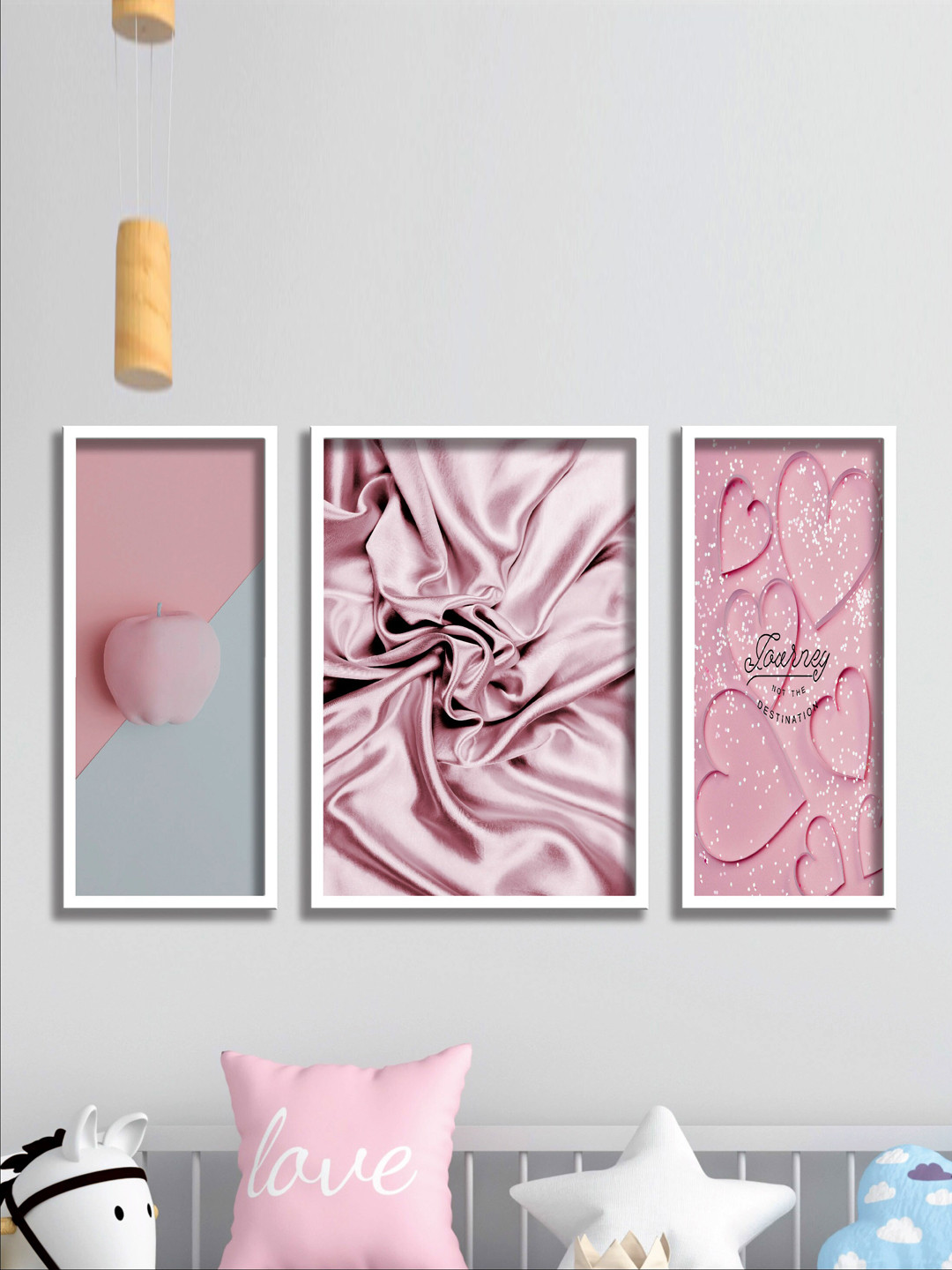 SAF Pink Wood 3 Pcs Wall Living Room Rectangle Potrait Paintings Wall Art -19.5 x 28.25In