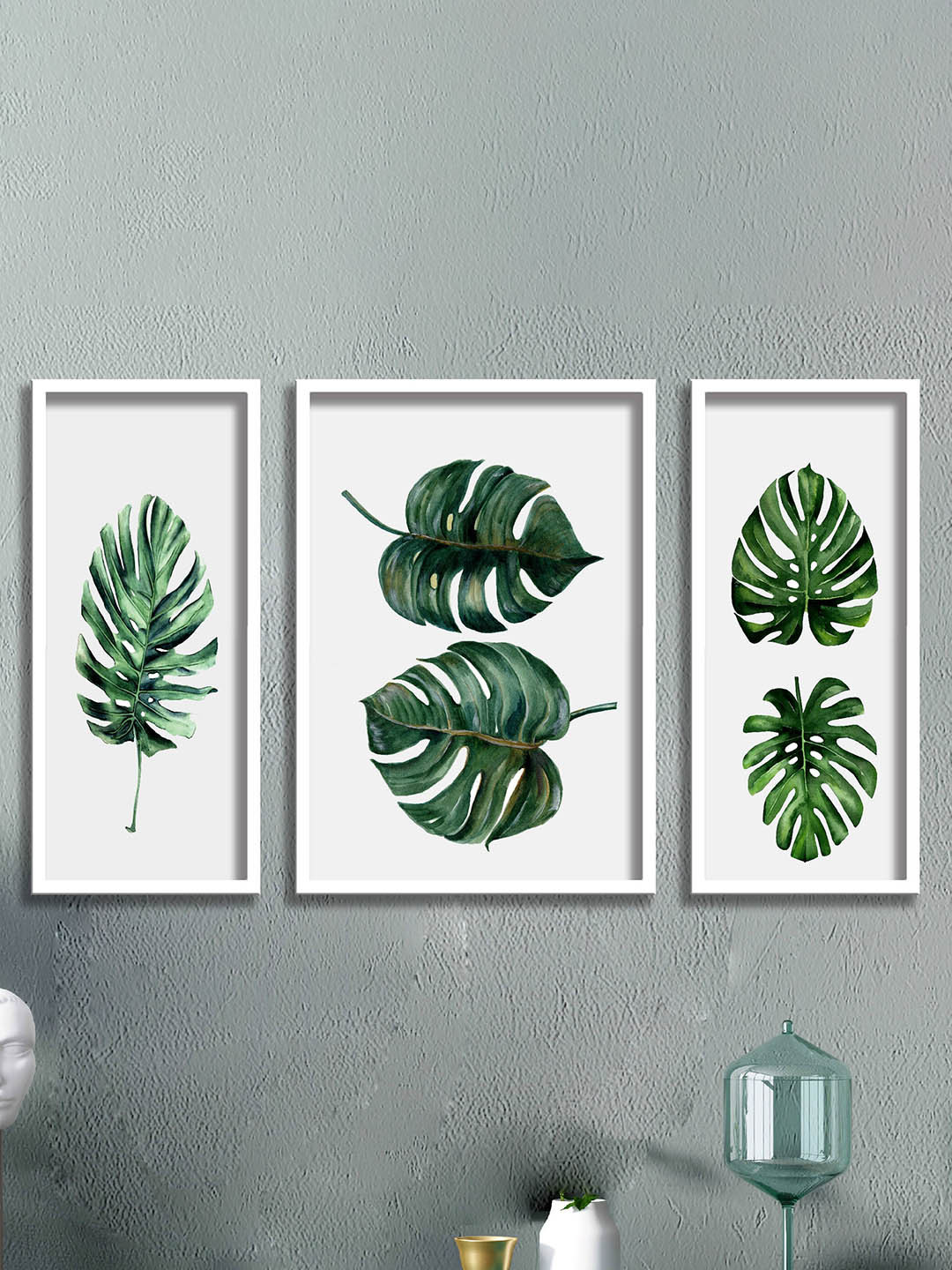 SAF White and Yellow 3 Pieces Tropical Leaves Painted  Framed Wall Art
