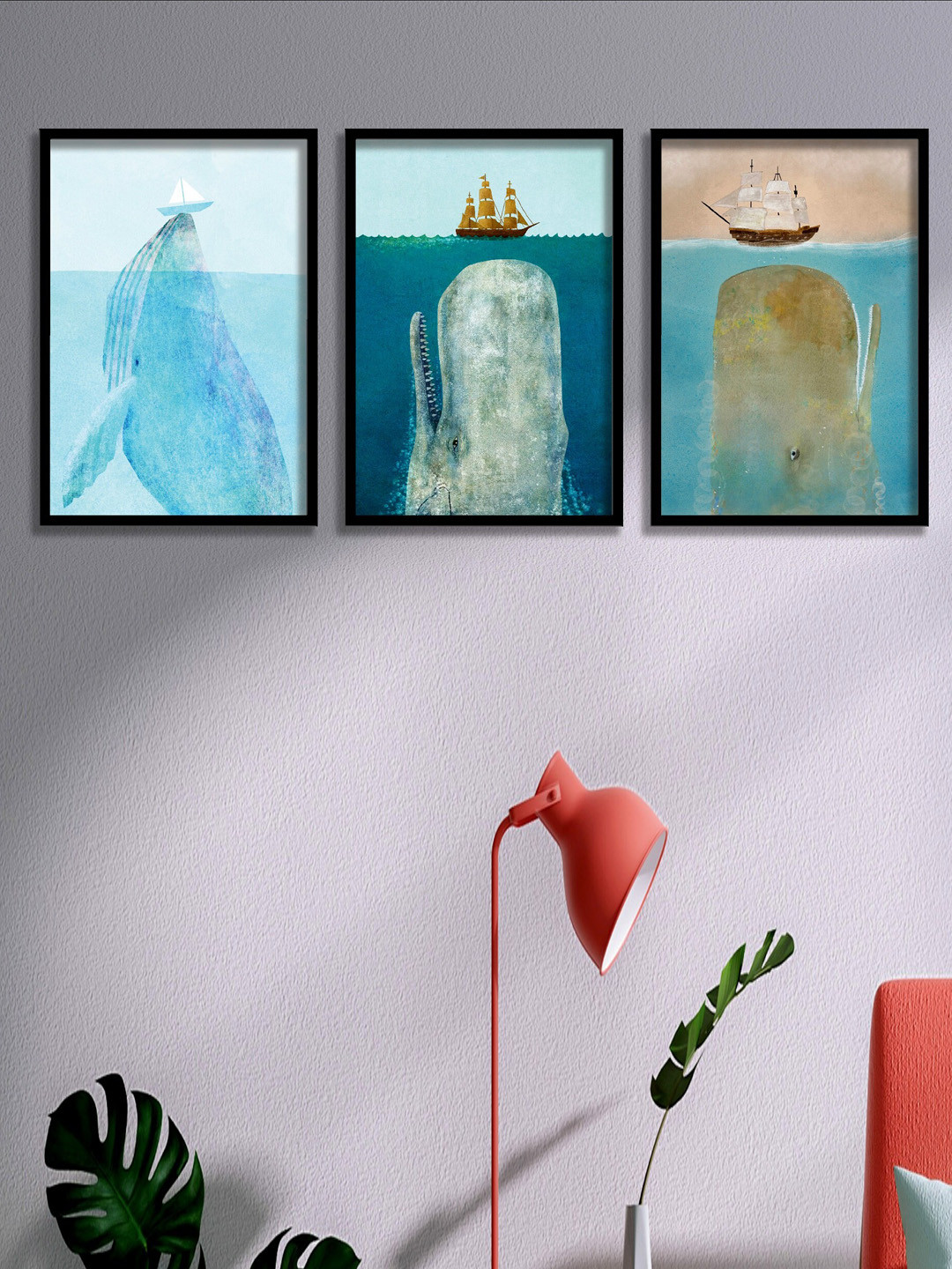 SAF 3-Pcs Blue & Black Boat And Whale Painting Wall Art