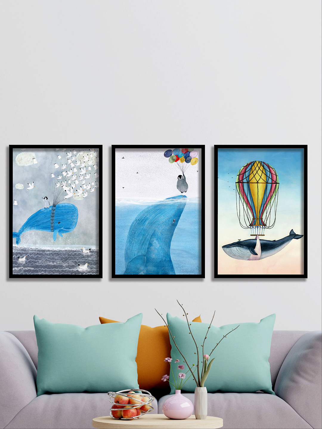 SAF 3-Pcs Blue & White Sea & Whale Wall Art