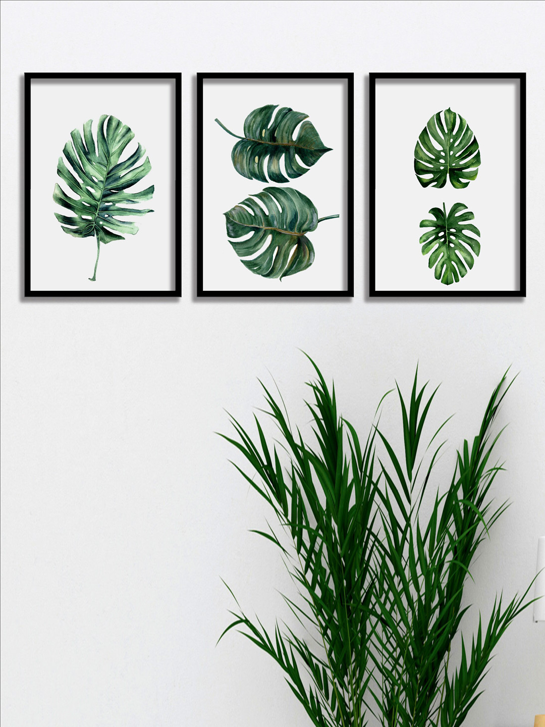 SAF White & Green 3-Pieces Tropical Leaves Printed Framed Wall Art