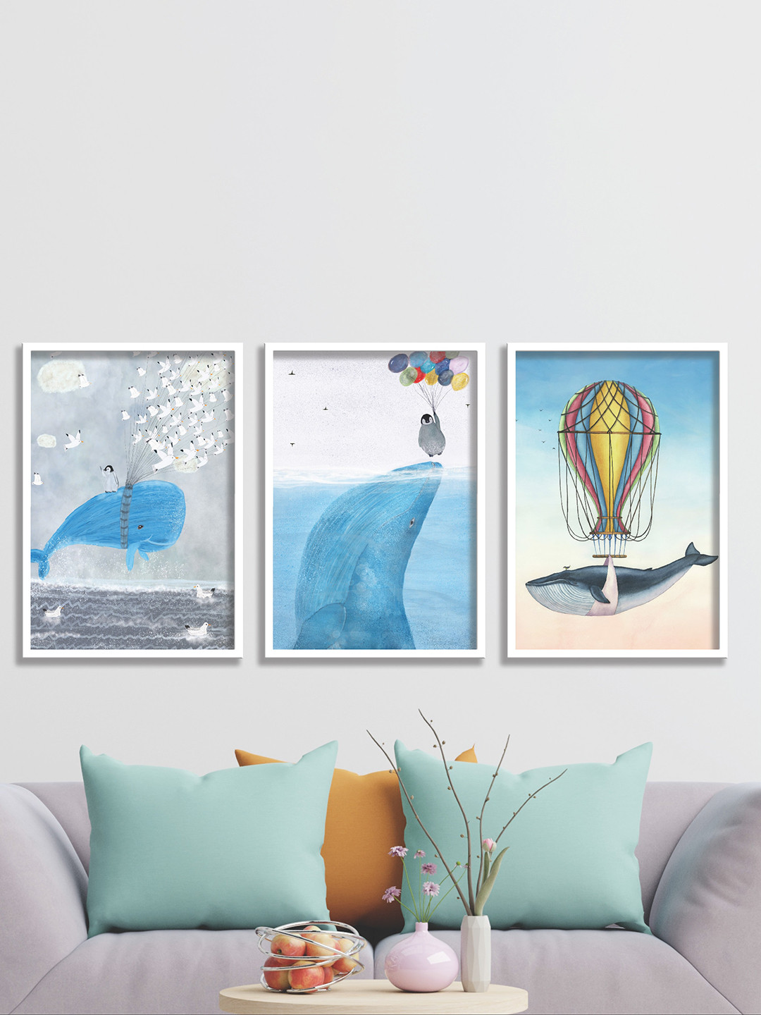 SAF Blue & Grey 3 Pieces Sea & Whale Crisp UV Coating Wall Art