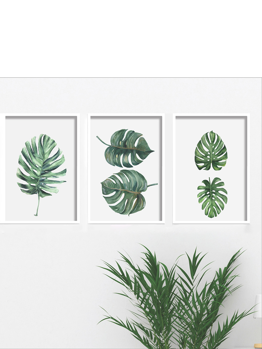 SAF White & Green 3 Pieces Tropical Leaves  Crisp UV Coating Wall Art