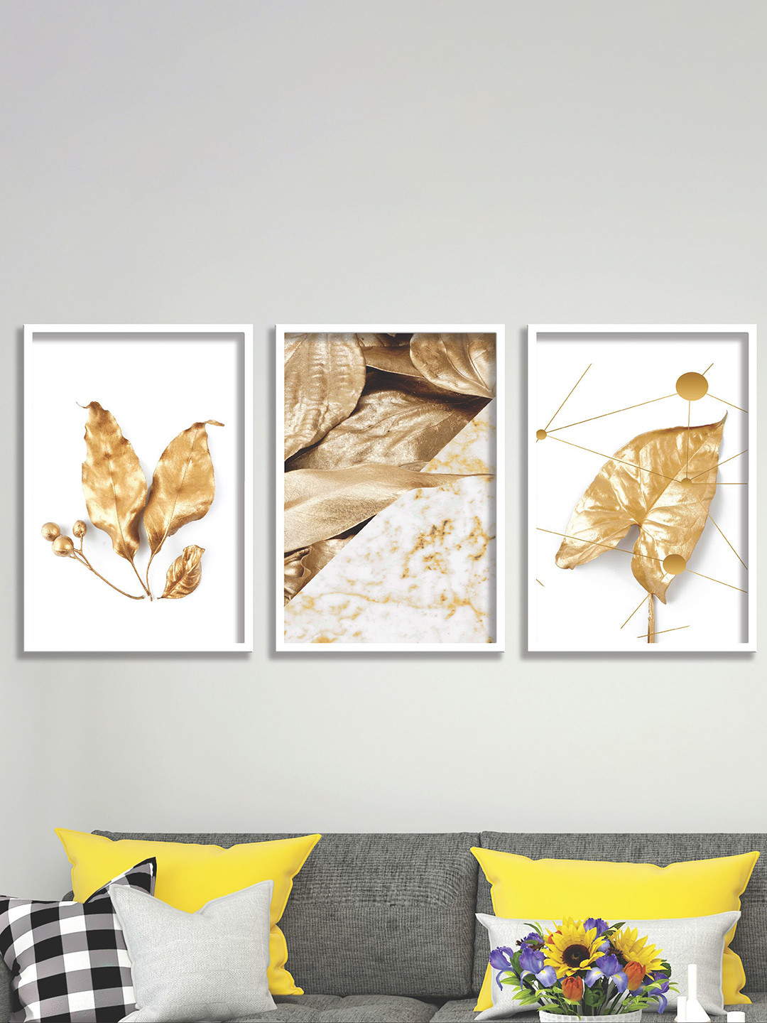 SAF White & Gold-Coloured 3-Pcs Leaves Painting Wall Art