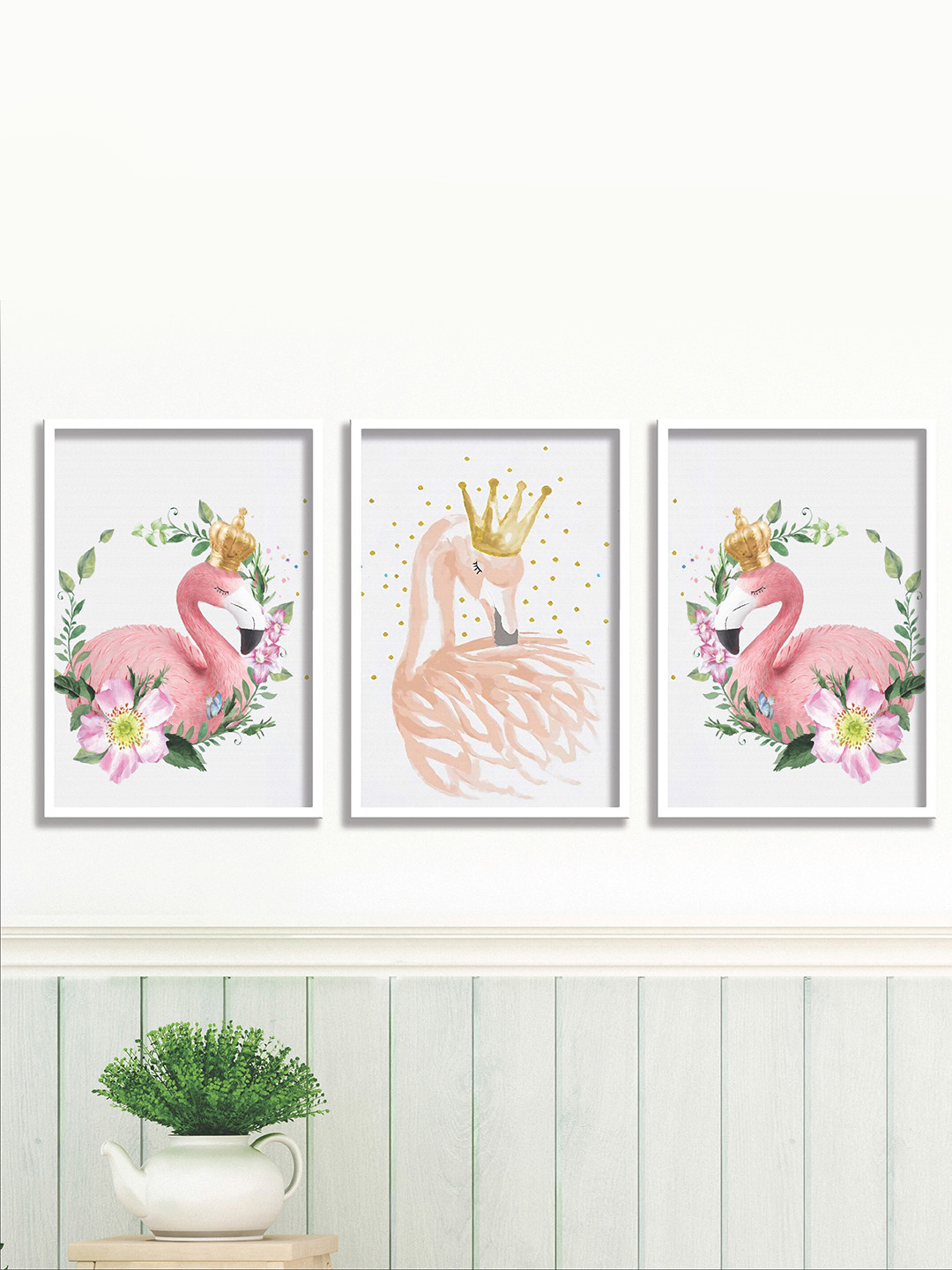 SAF White & Pink 3 Pieces Flamingo Theme Painting Wall Art