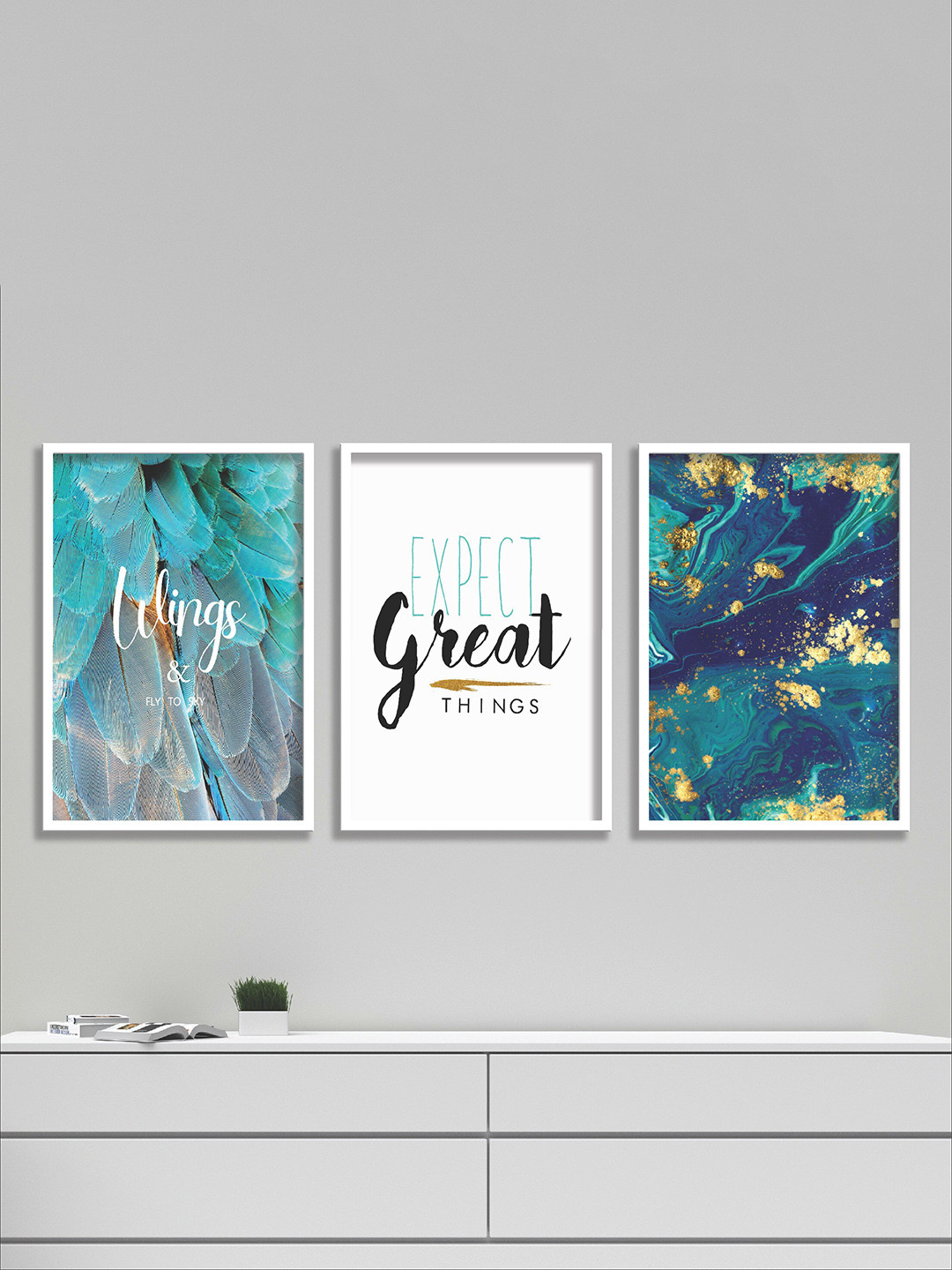 SAF White & Blue 3 Pieces Motivational Quotes Painted Wall Art