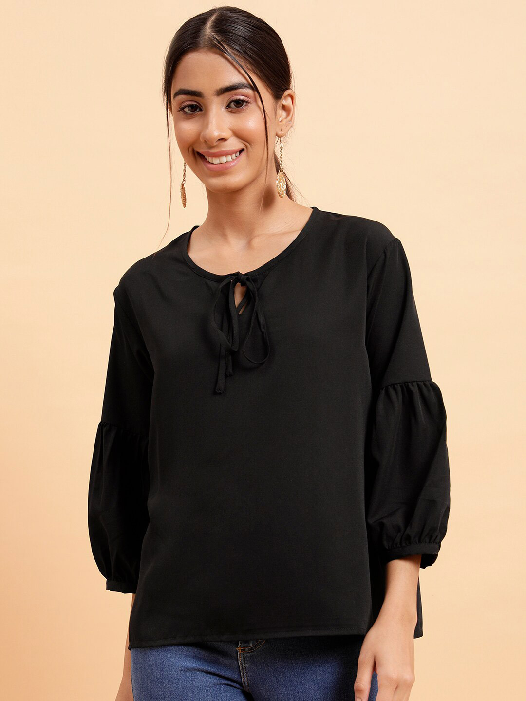 MINT STREET Tie-Up Neck Lantern Sleeve Crepe Top