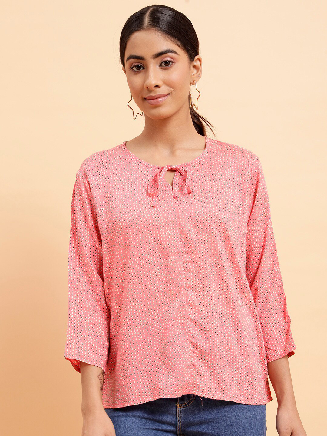 MINT STREET Abstract Printed Tie-Up Neck Regular Top