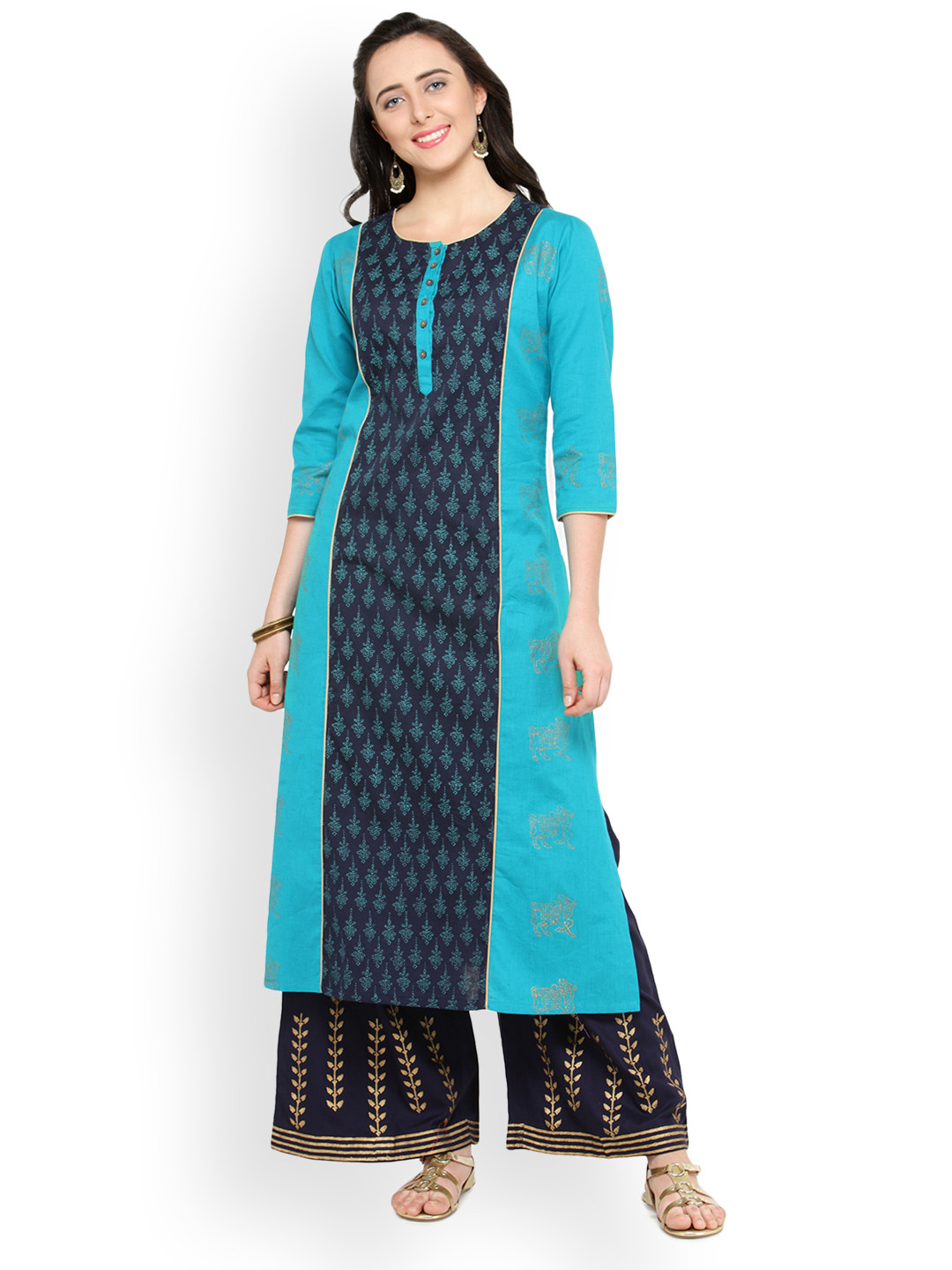 Bitterlime Women Navy Blue & Sea Green Block Print Straight Kurta