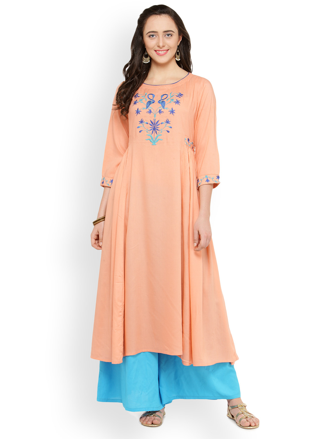 Bitterlime Women Peach-Coloured Embroidered A-Line Kurta