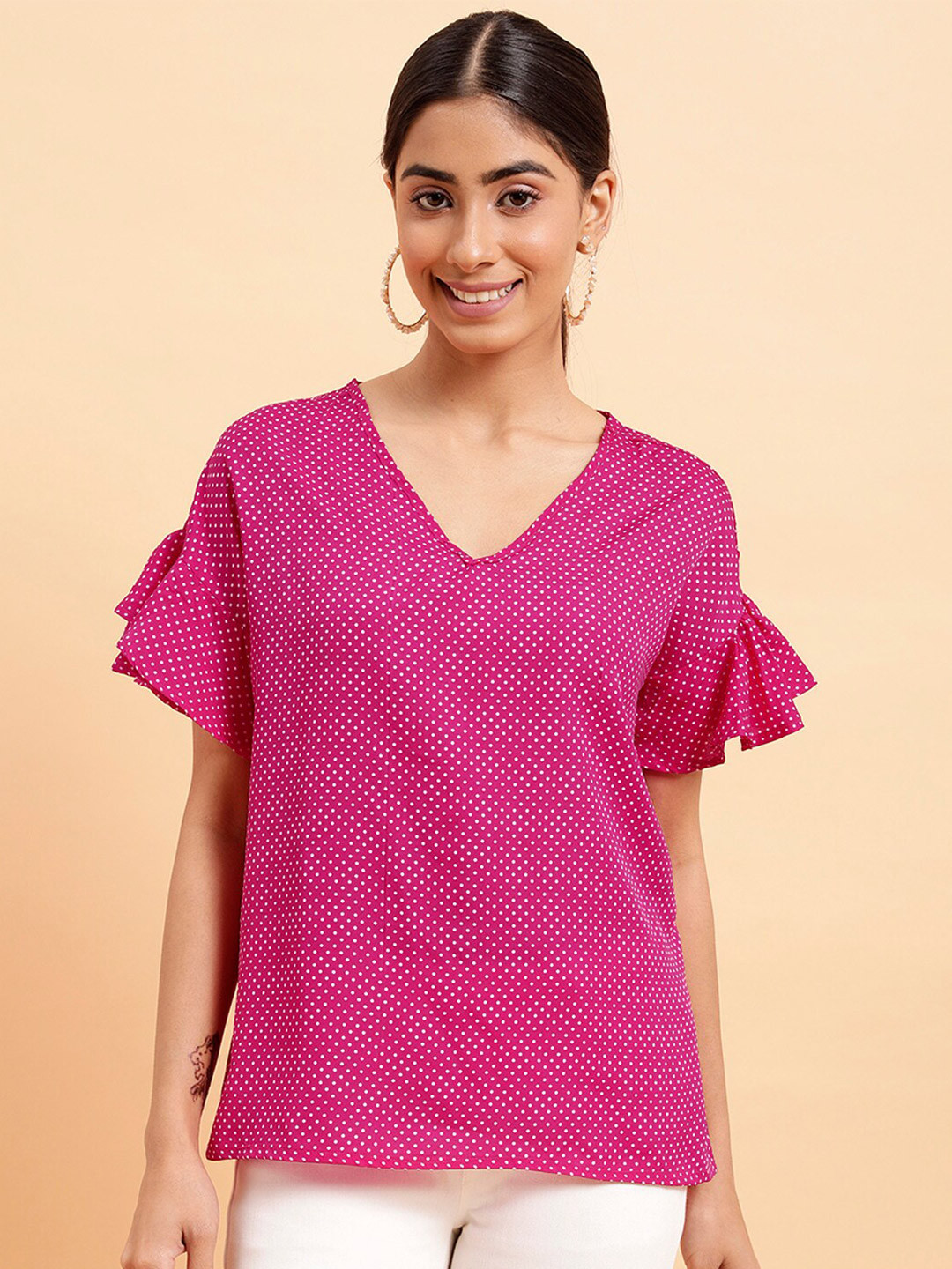 MINT STREET Polka Dot Printed Bell Sleeve Top