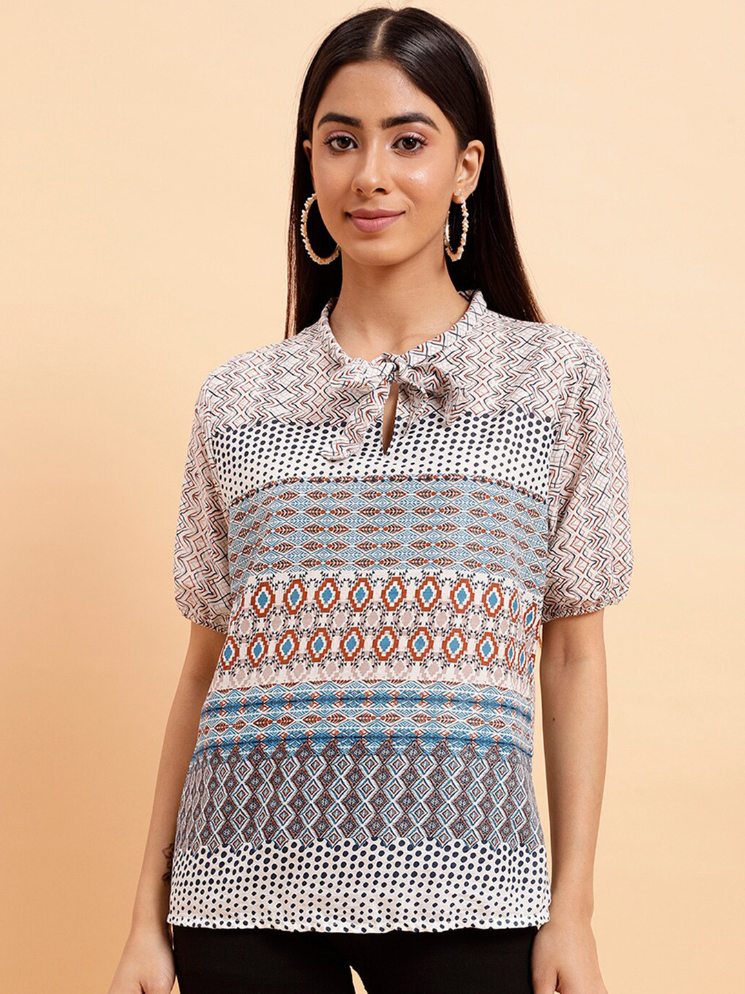MINT STREET Ethnic Motif Printed Tie-Up Neck Top