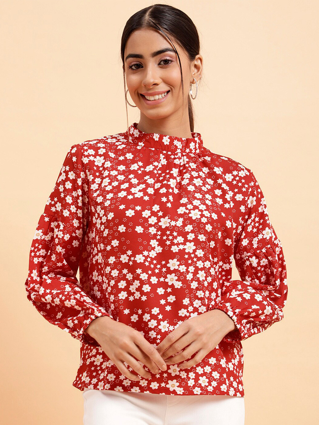 MINT STREET Floral Printed High Neck Regular Top