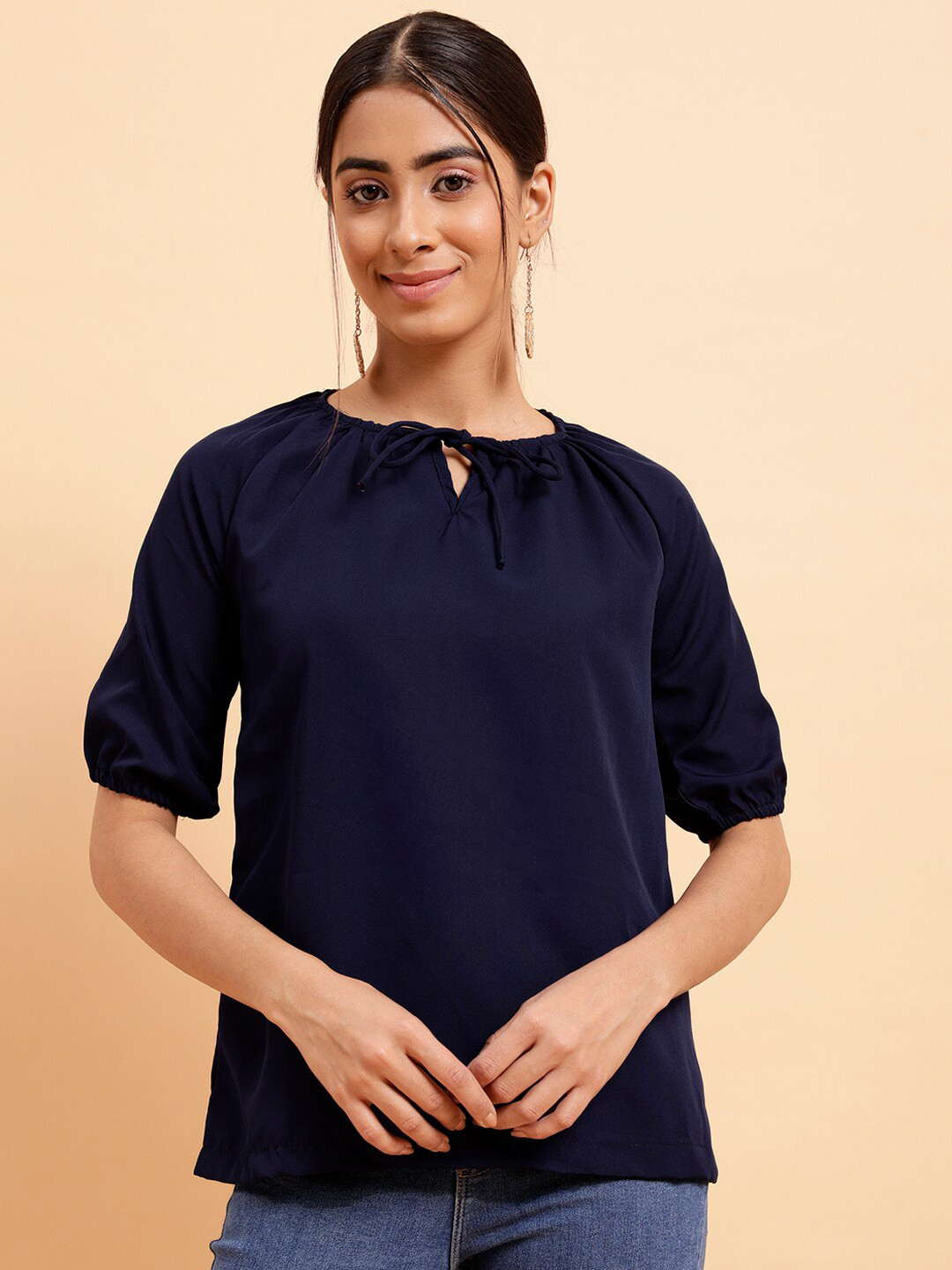 MINT STREET Puff Sleeves Tie-Up Neck Crepe Top