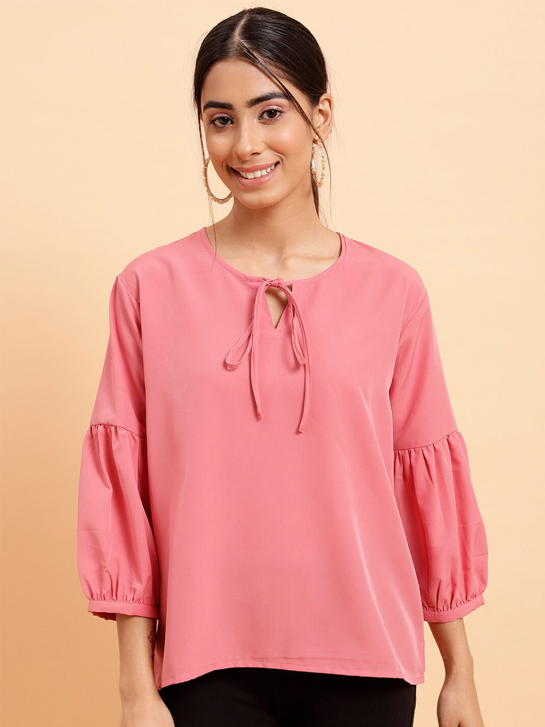 MINT STREET Tie-Up Neck Puff Sleeves Top